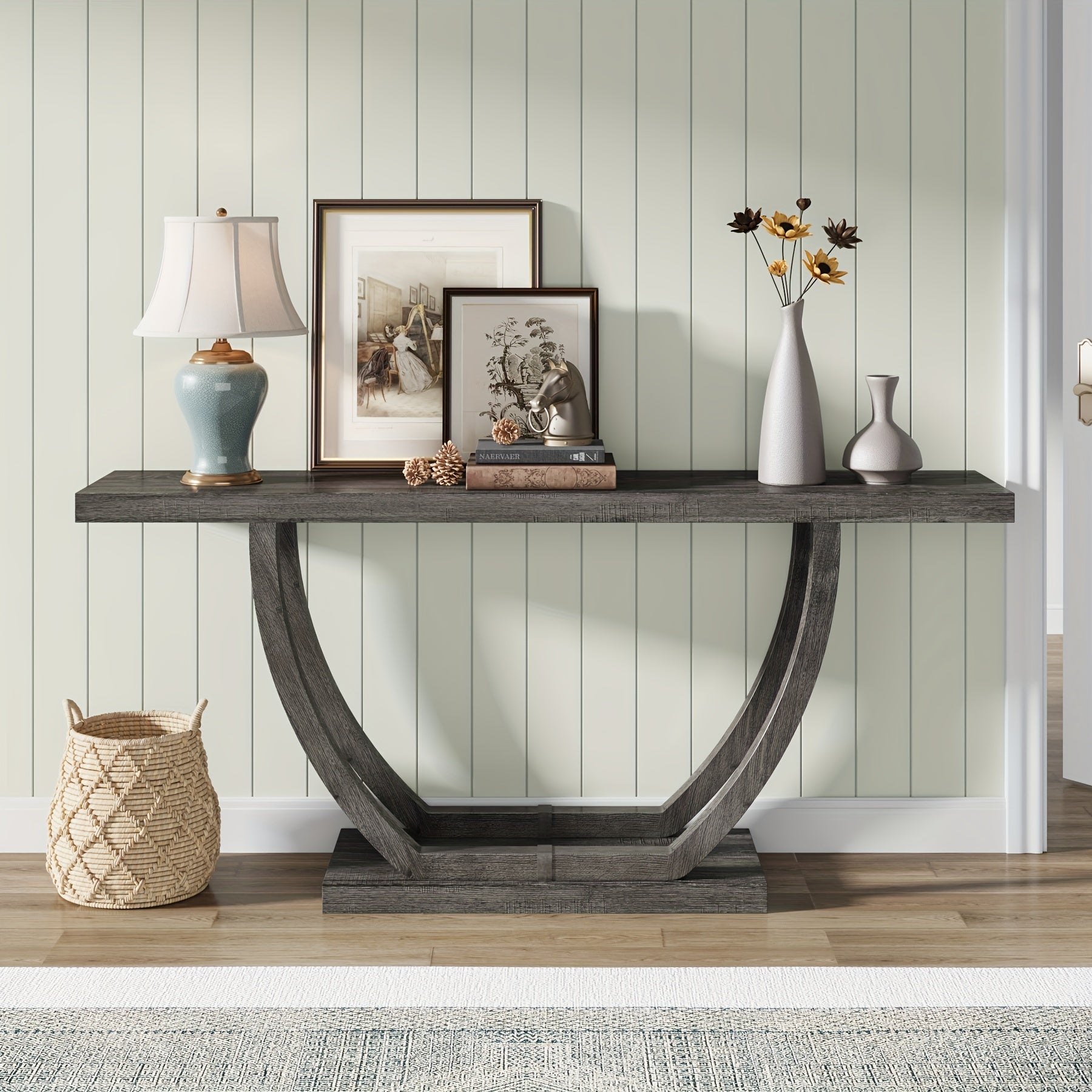 63 Inches Farmhouse Console Table For Entryway, Wood Entry Foyer Table For Entrance, Narrow Long Sofa Table Behind Couch With Metal Legs For Living Room