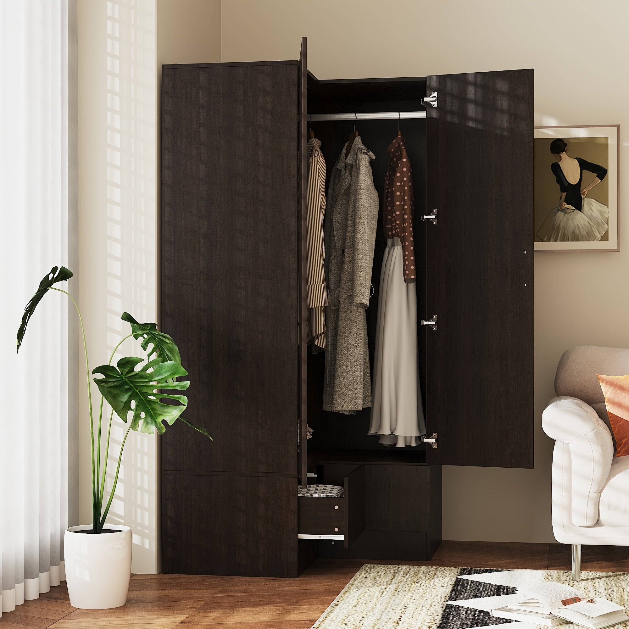 Modern Corner Wardrobe Armoire Closet with 2 Drawers And 2 Hanging Rods, Storage Cabinet for Bedroom, Maximize Your Space with The Versatile Two-Doors, Two-Drawers Corner Wardrobe, Deep Brown