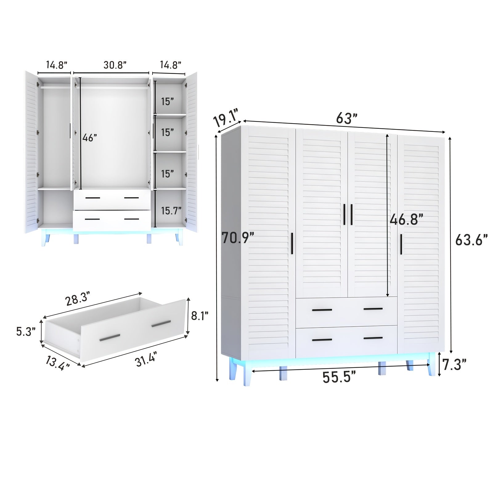 Spacious 4-Door White Armoire Wardrobe with LED Lights & Drawers - Multi-Tier Storage, Hanging Rod, Safety Features - Ideal for Bedroom Organization