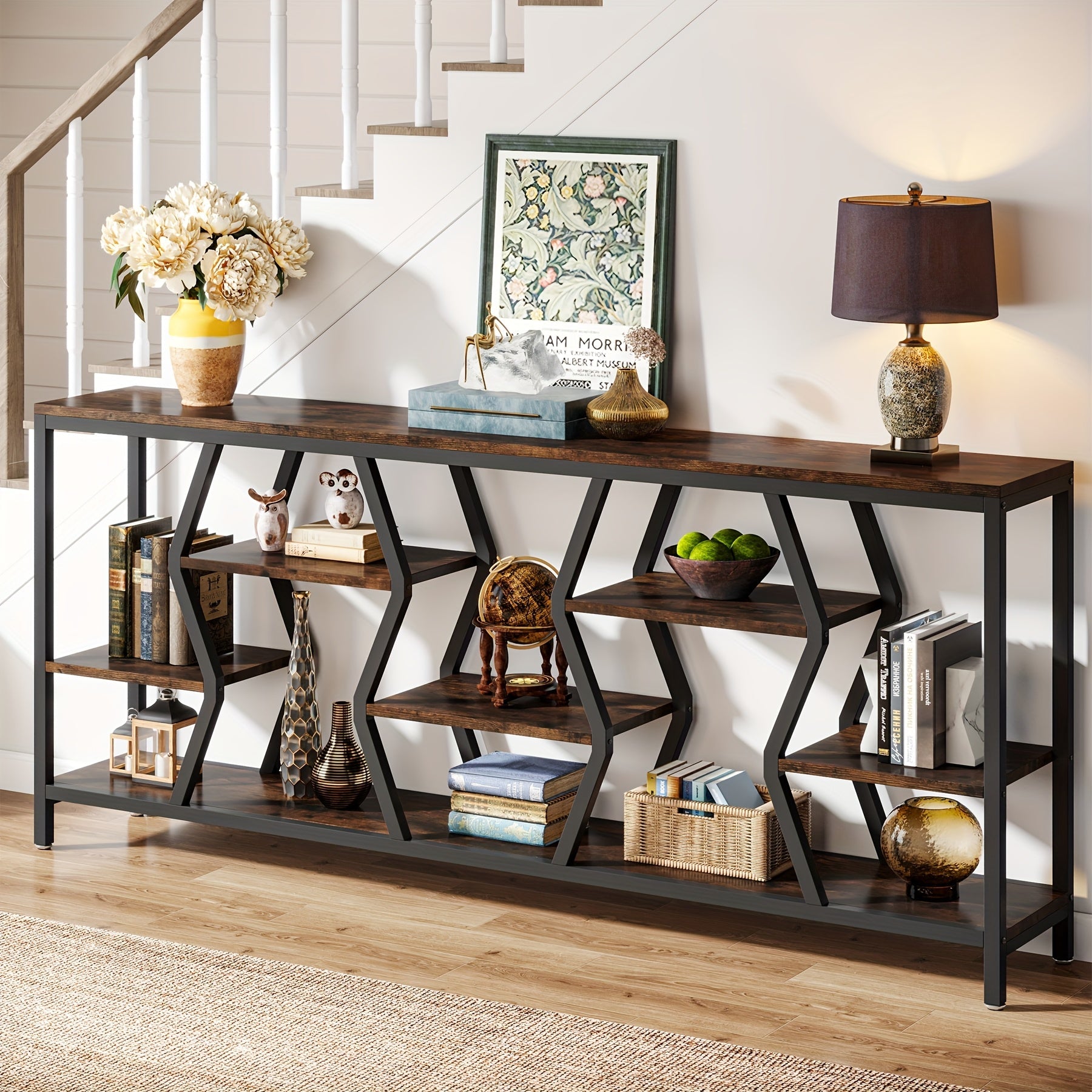 Extra Long 70.9" Rustic Brown Sofa Console Table with 4-Tier Storage Shelves - Industrial Narrow Design for Living Room, Entryway, or Foyer Decor