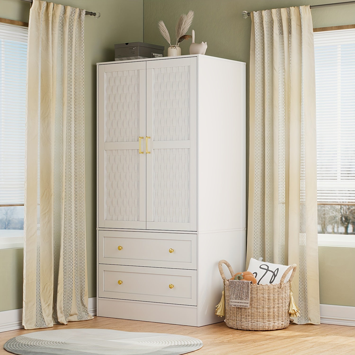 Wardrobe with 2 Doors, 2 Drawers and Hanging Rod, Design Style Woven Door, Bedroom Wooden Clothes Storage Cabinet