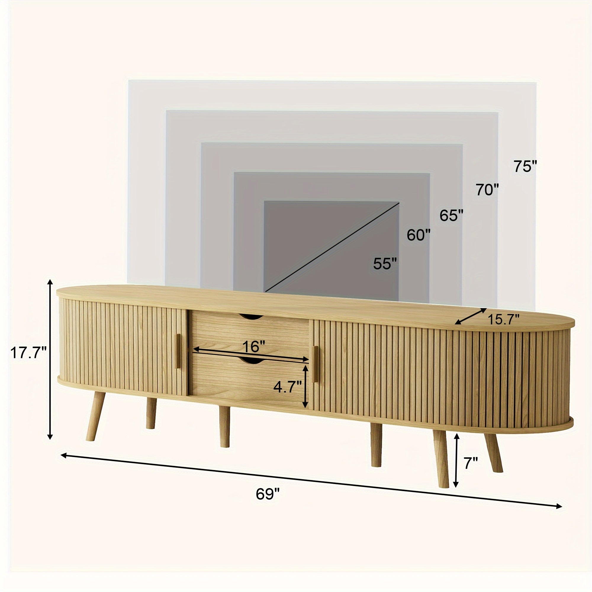 Chic Curved Edge Modern TV Stand - 55/69" Oak/Walnut, Farmhouse Style with 2 Drawers & Adjustable Shelves, Solid Wood Legs, Beige Media Console Table, Tv Console for Living Room