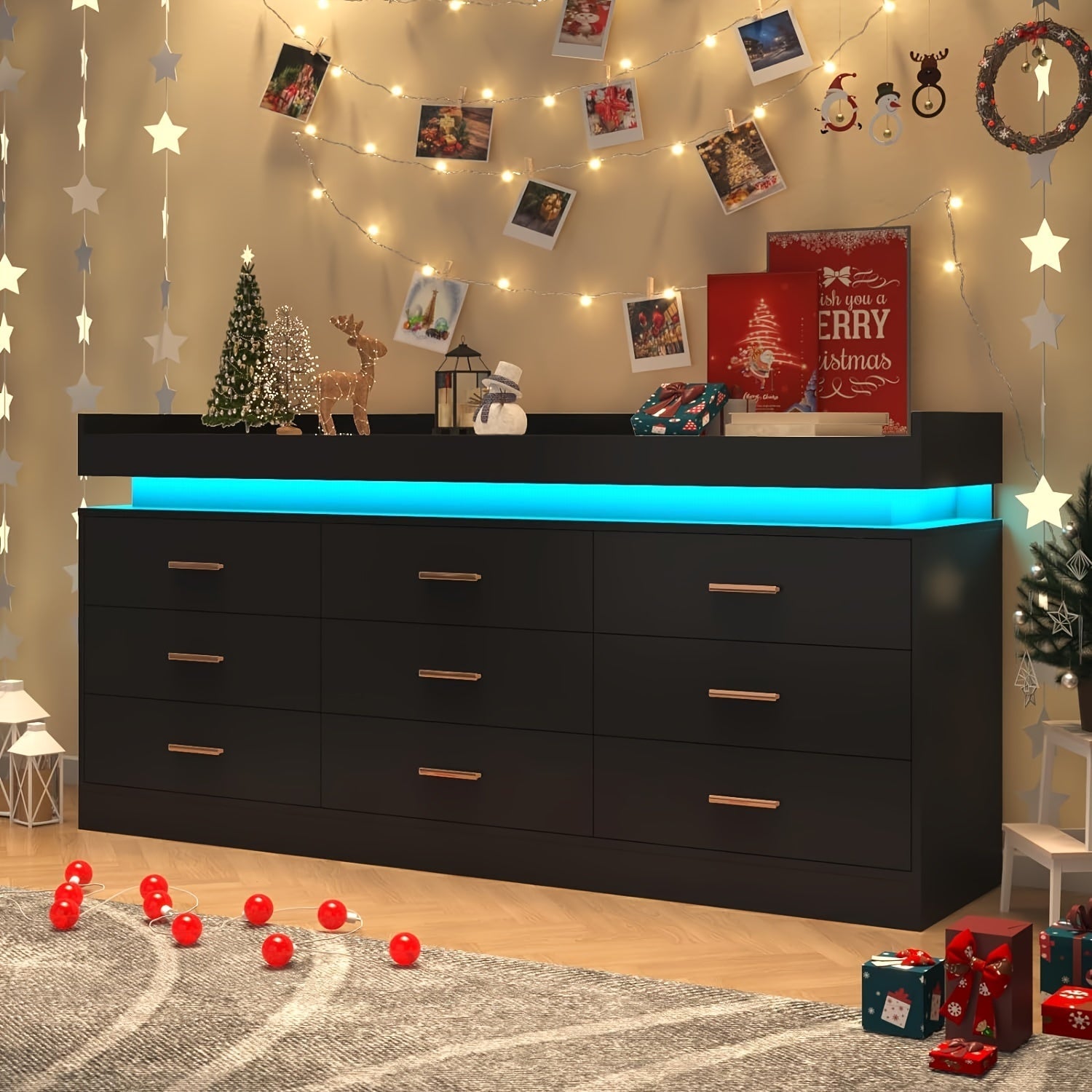 9 Drawer Dresser With LED Light Modern Chest Of Drawers For Closet Wide Drawer Organizer Cabinet For Bedroom Living