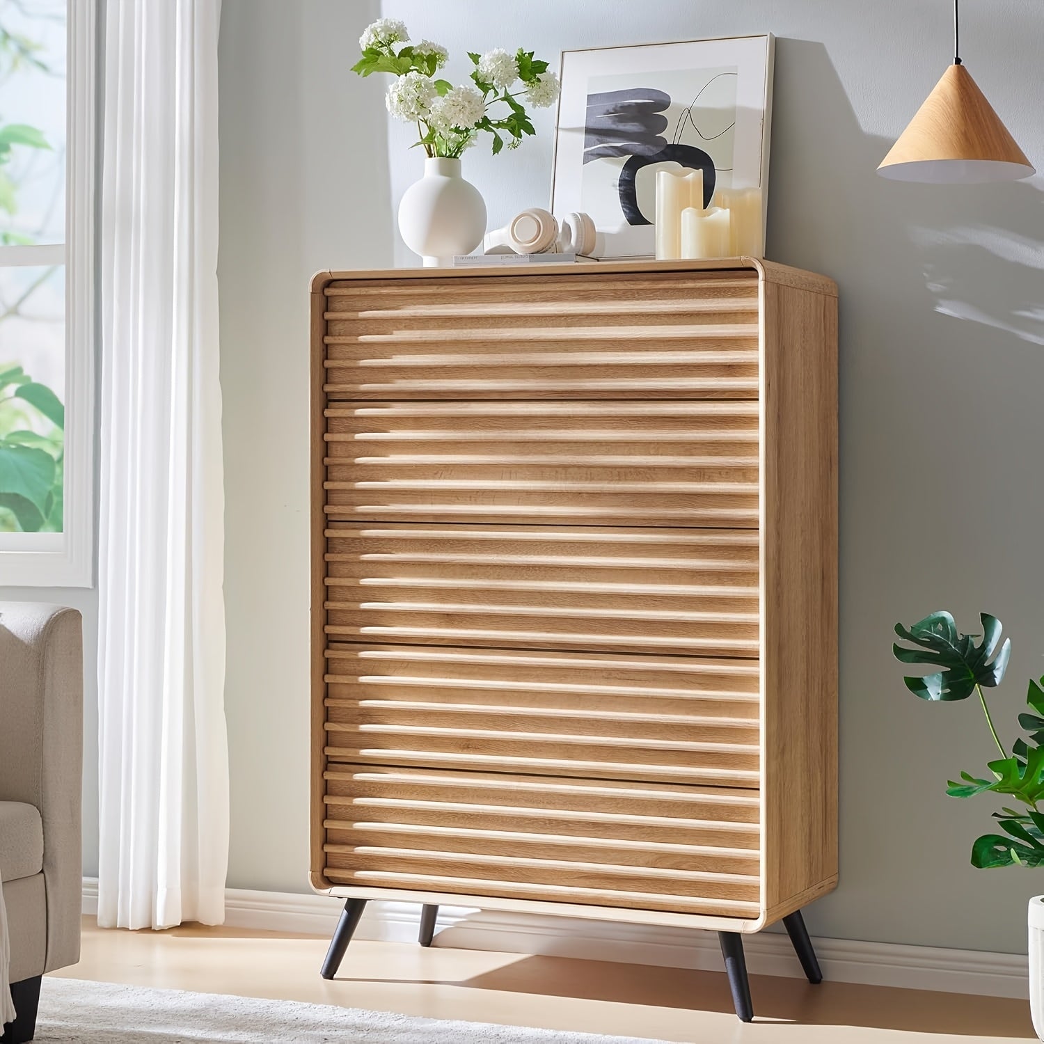 Mid-Century Modern 48’’ Wooden Fluted Dresser with 5 Drawers - Vintage Style Freestanding Chest of Drawers for Bedroom