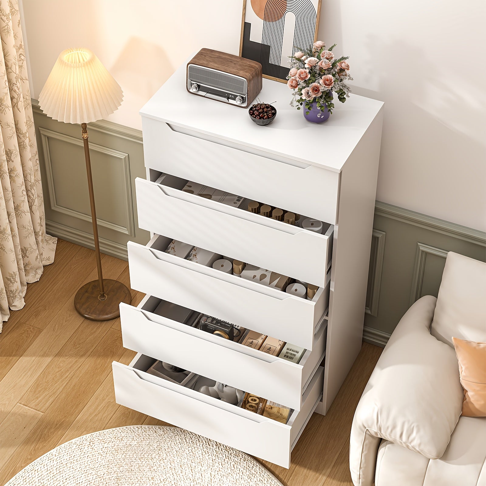 5-Drawer Tall White Dresser, Modern Wooden Storage Cabinet with Vertical Drawers for Living Room, Hallway, Entryway, Home Office - Ideal Christmas Gift Decor H48inxW29xD16, Storage Drawer Units