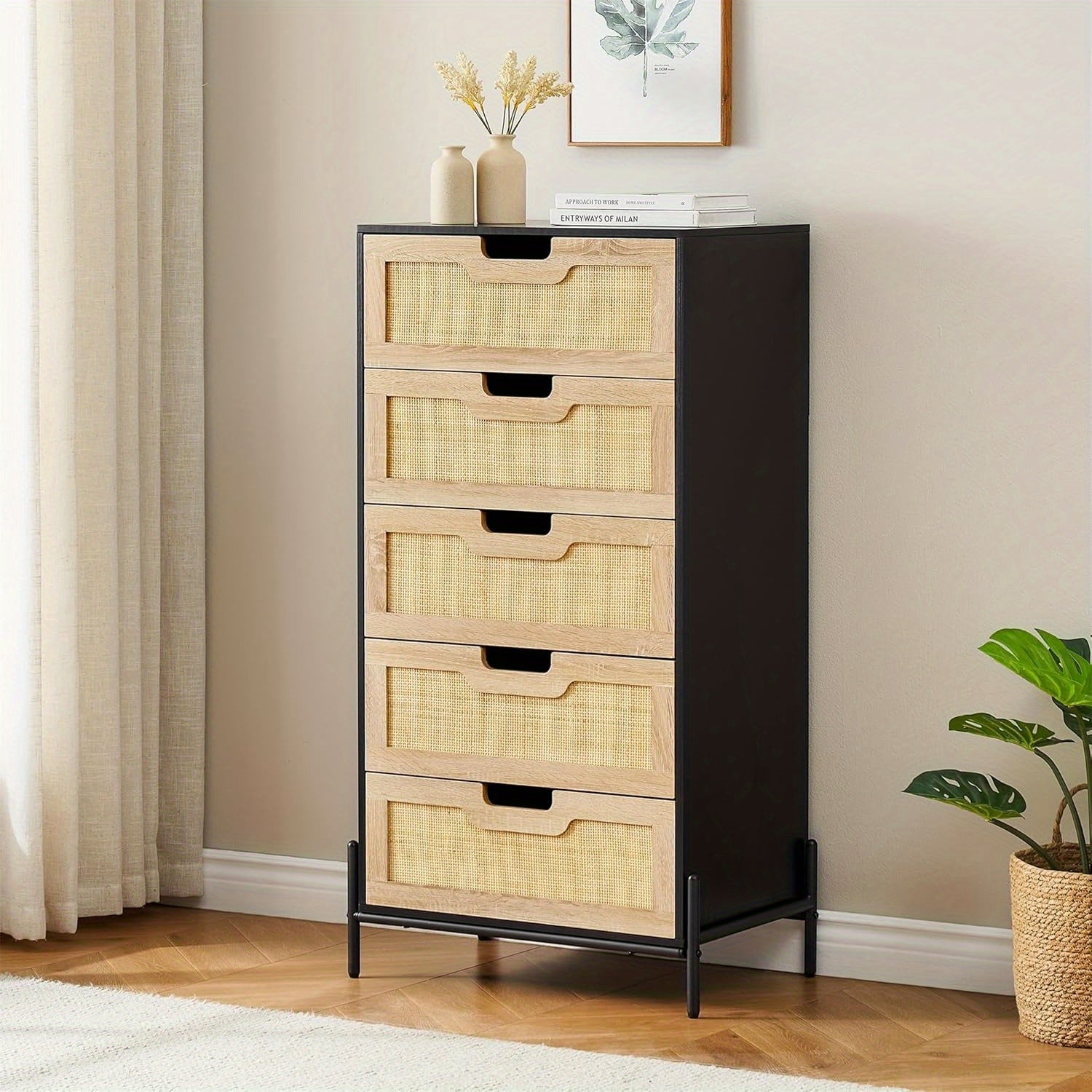 Natural Rattan 5 Drawer Dresser, Chest of Drawer, Farmhouse Storage Cabinet with Solid Metal Legs, Modern Storage Unit for Bedroom, Living Room, Entryway, Black+Oak