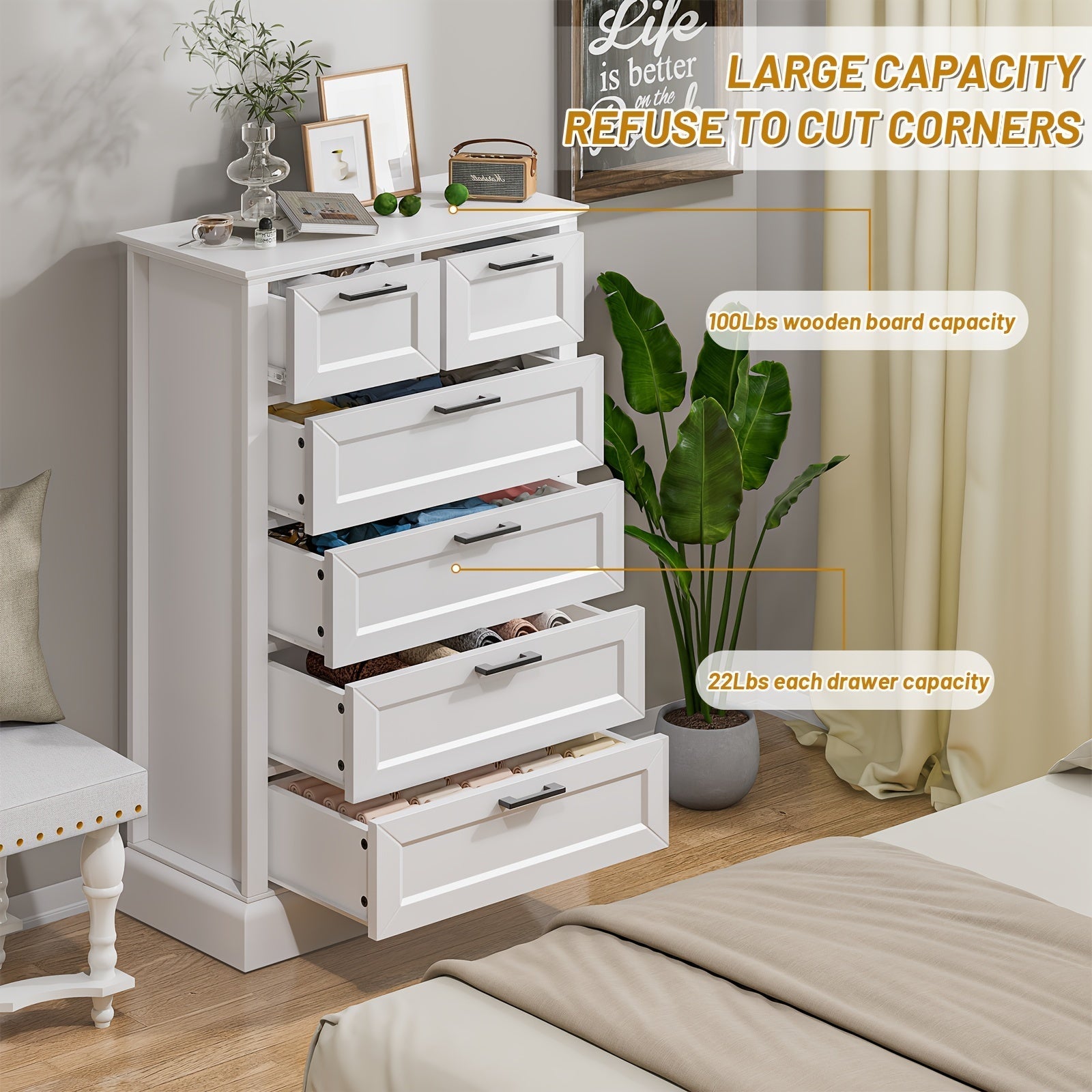 White 6 Drawer Dresser, 47'' Tall Modern Vertical Chest Of Drawers With Painted Wood, Storage Dressers For Bedroom, Living Room, Hallway, Entryway, White