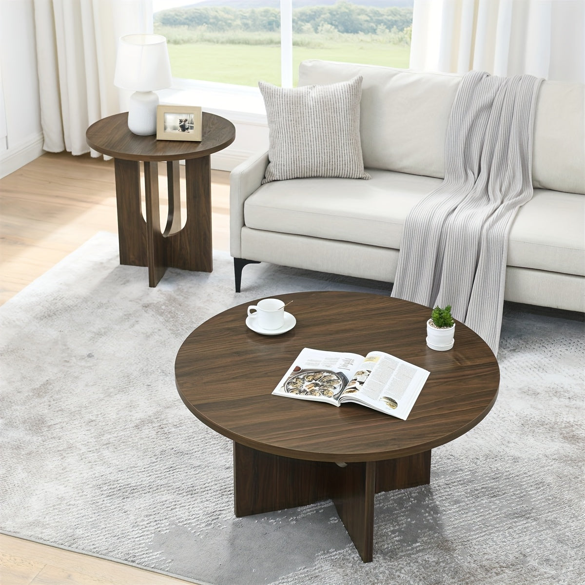 1pc Vintage Style Solid Hardwood Round Coffee Table - Space-Saving Design, No Electricity or Battery Needed, Ideal for Living Room Sofa Side Table