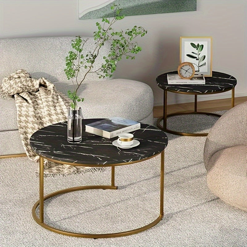 2-piece Set, Nested Coffee Table, Large White, Black, Brown Artificial Marble Edge Table, Steel Frame Circular And Circular Wooden Table, Living Room, Bedroom, Apartment, Modern Small Space