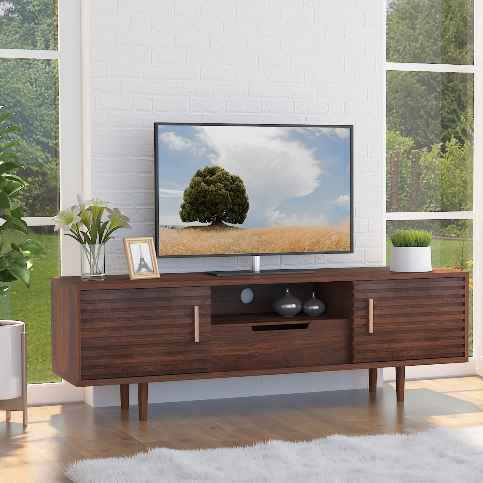 Media entertainment center with clean lines, rustic brown, and a spacious tabletop for TVs up to 65", combining modern and vintage style is a little piece of art at home. You can match this Mid-century TV stand with nightstan