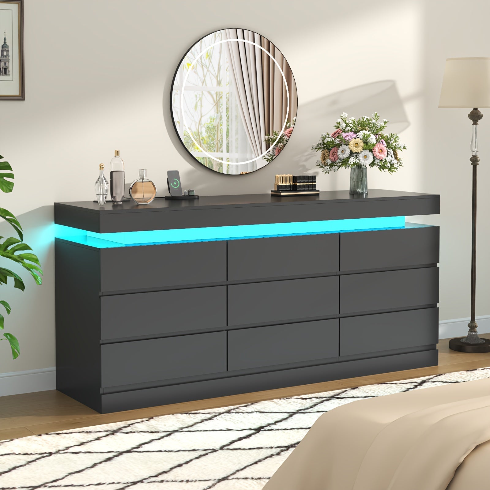 6 Drawer Dresser With Power Outlet Storage Cabinet With LED Light Modern Cabinet Organizer For Closet Double Wide