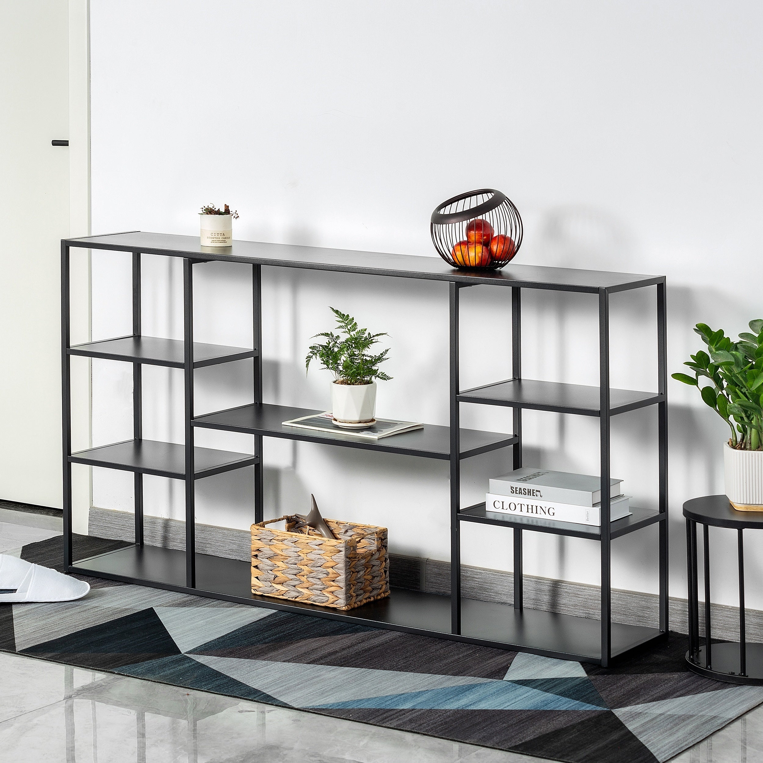 55 Inch Metal Console Table with 8 Storage Shelves, Extra Long Entryway Table, Narrow Sofa Table, Hallway Table for Entrances to Corridor, Foyer, Living Room (55.12×11.81×31.5in)