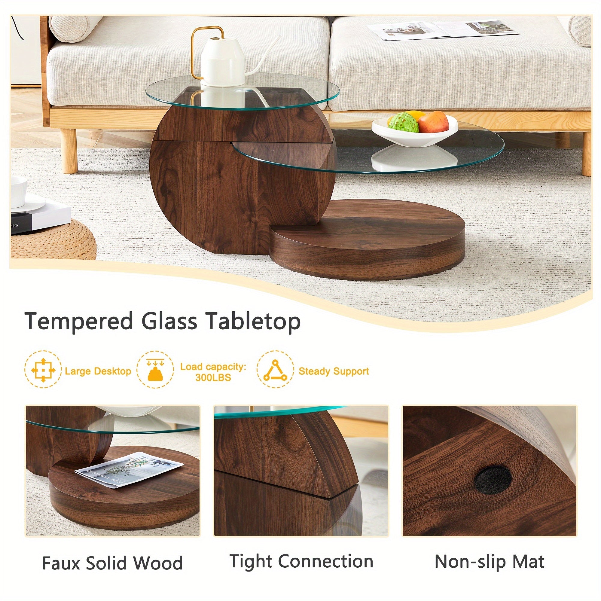 1pc Modern Double-Layer Coffee Table Dark Wood Texture, Glass Top, Engineered Wood Frame, MDF Legs, Double Storage Space, for Living Room and Dining Room