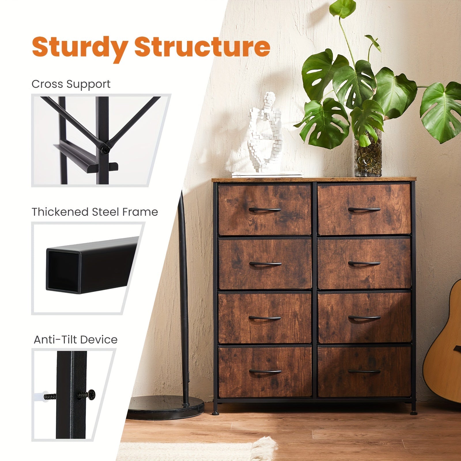 Dresser for Bedroom Drawer Organizer Storage 8 Drawers Fabric Storage Tower Chest of Drawers with Steel Frame Wood Top