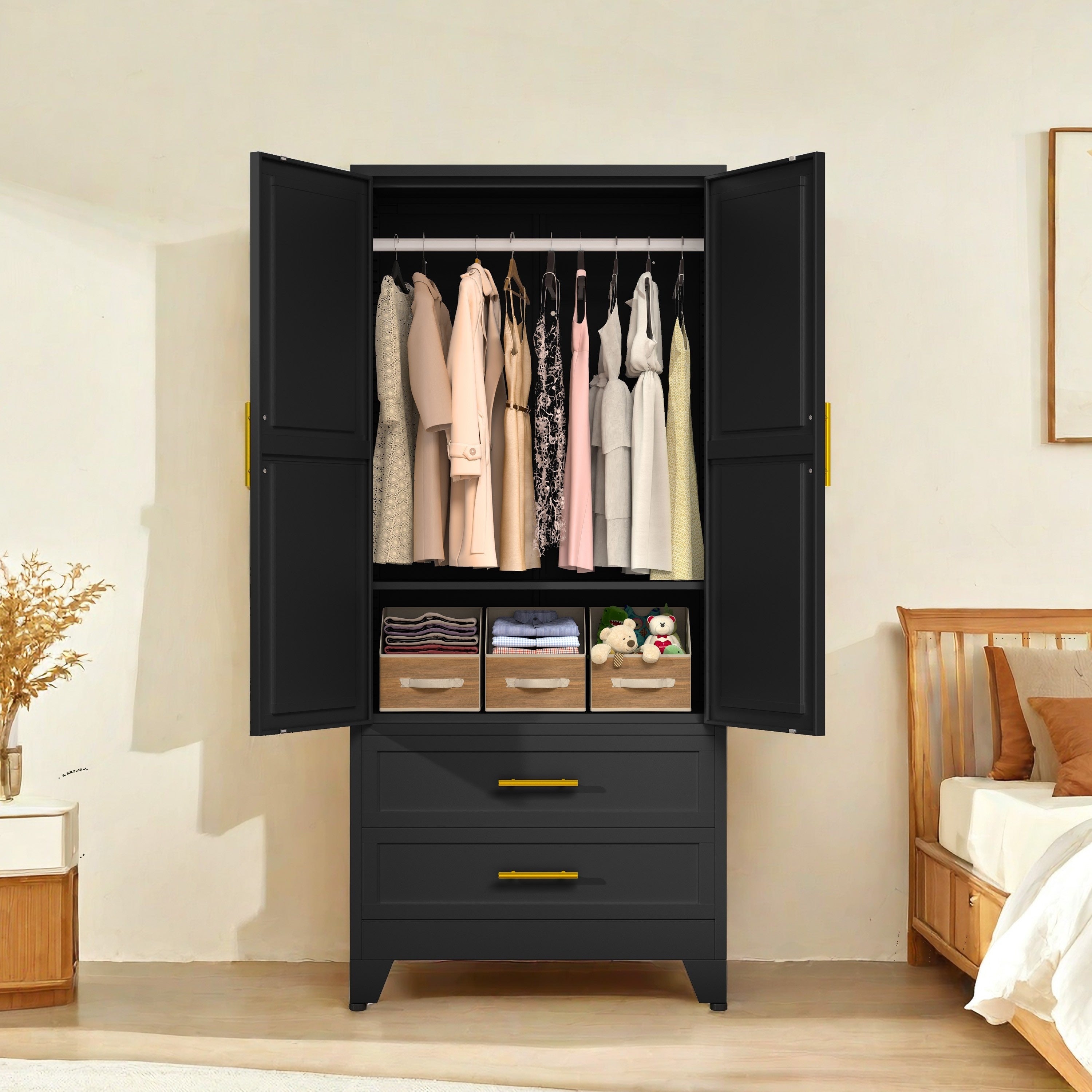 Modern Freestanding Wardrobe Armoire with Two Drawers