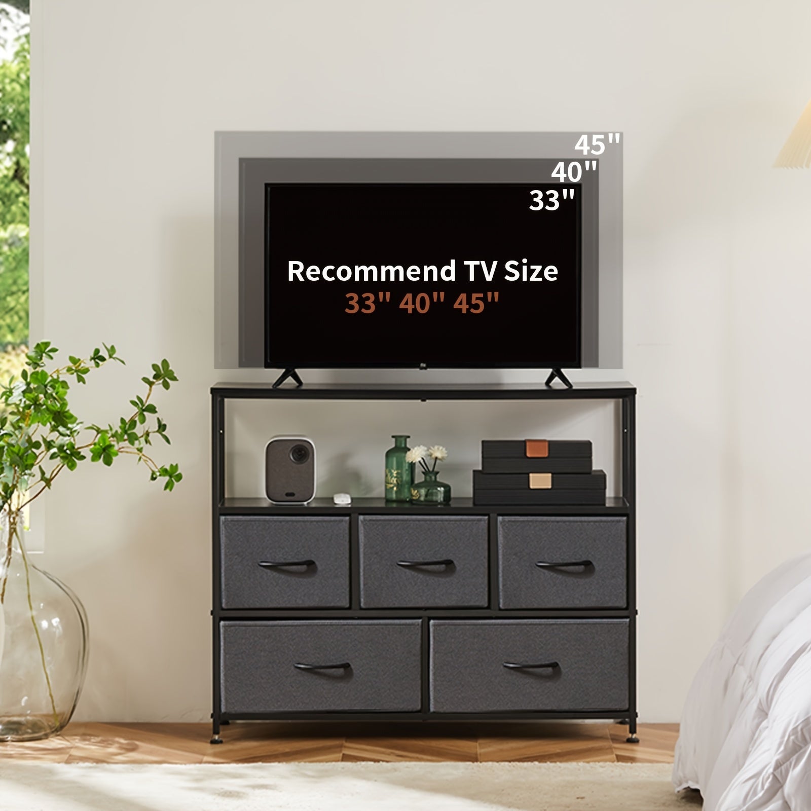 TV Stand Entertainment Center With 5 Fabric Drawer For Bedroom 30 Inch Tall Dresser With Open Display Media Console Closet Metal Shelf Storage For Living Room Space Saving