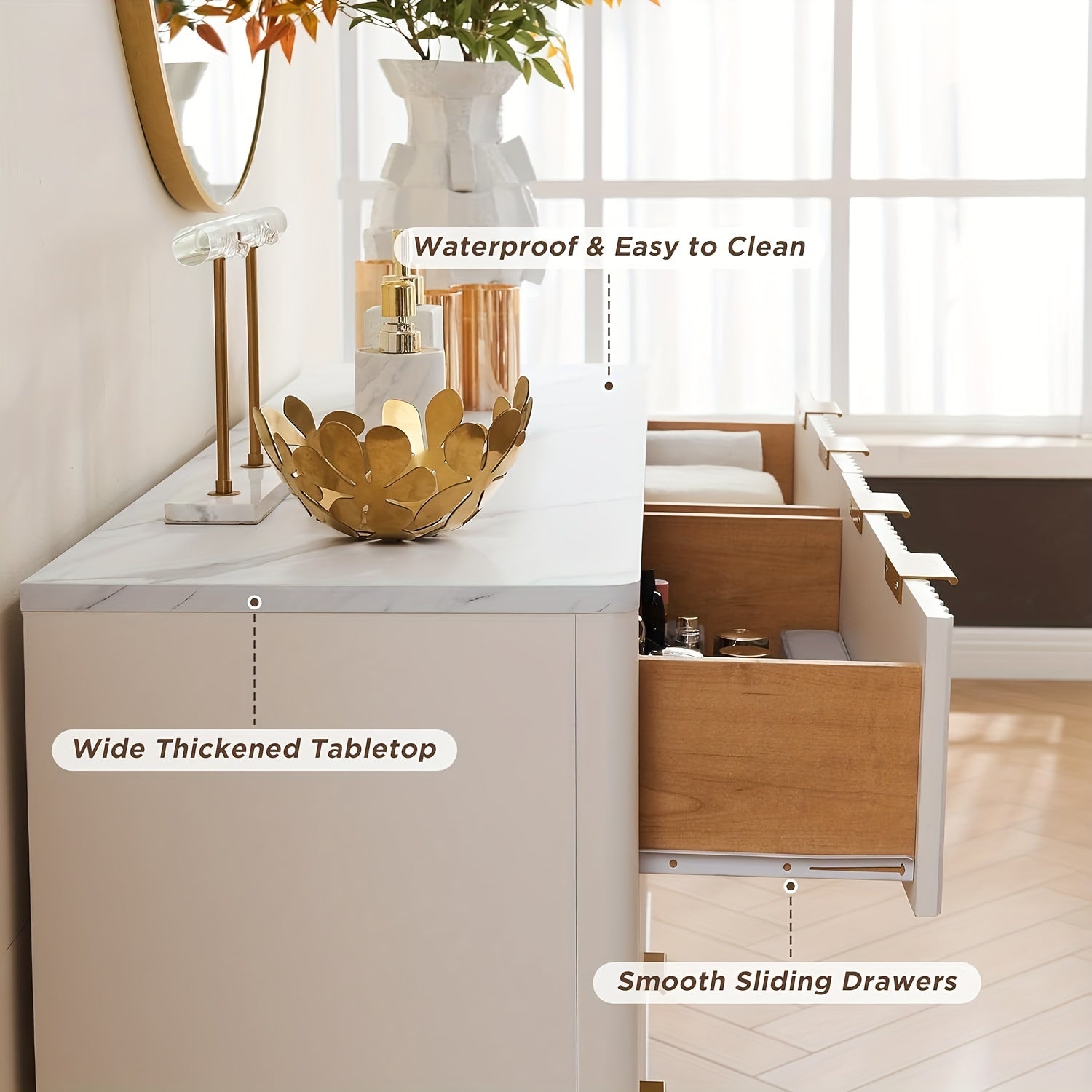 Fluted 6 Drawers Dresser 138cm Wide Modern Chest of Drawers with Faux Marble Top Curved Profile Design Dresser TV Stand