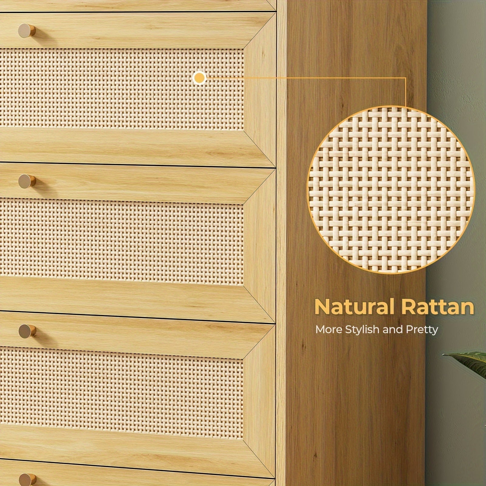 Rattan Dresser For Bedroom With 5 Drawer, Modern Double Wooden Tall Bedroom Dresser, Chest Of Drawers With Metal Handle & Solid Wood Legs For Bedroom/Living Room