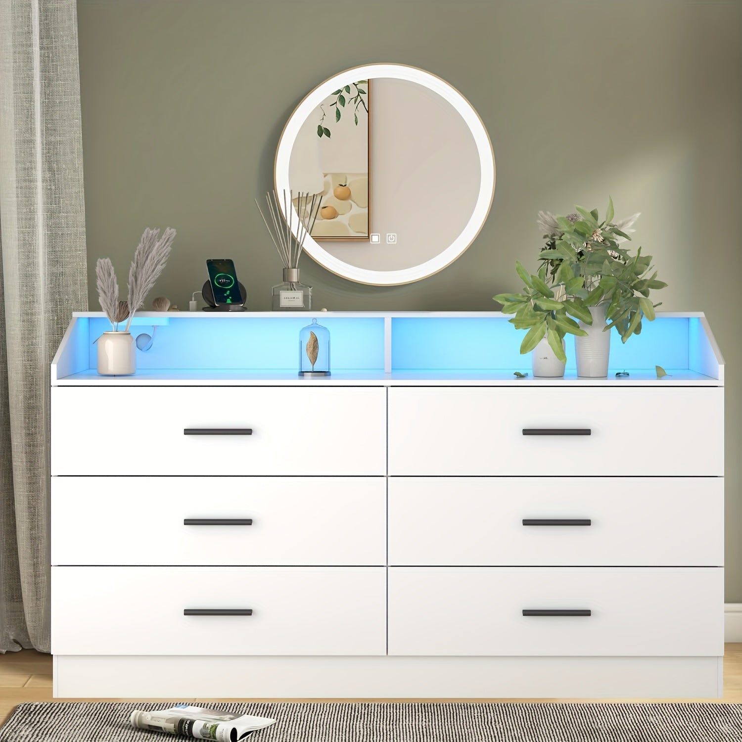 White Dresser For Bedroom 6 Drawers Dresser With Power Outlet Chest Of Drawers With LED Light Modern Dresser With Open