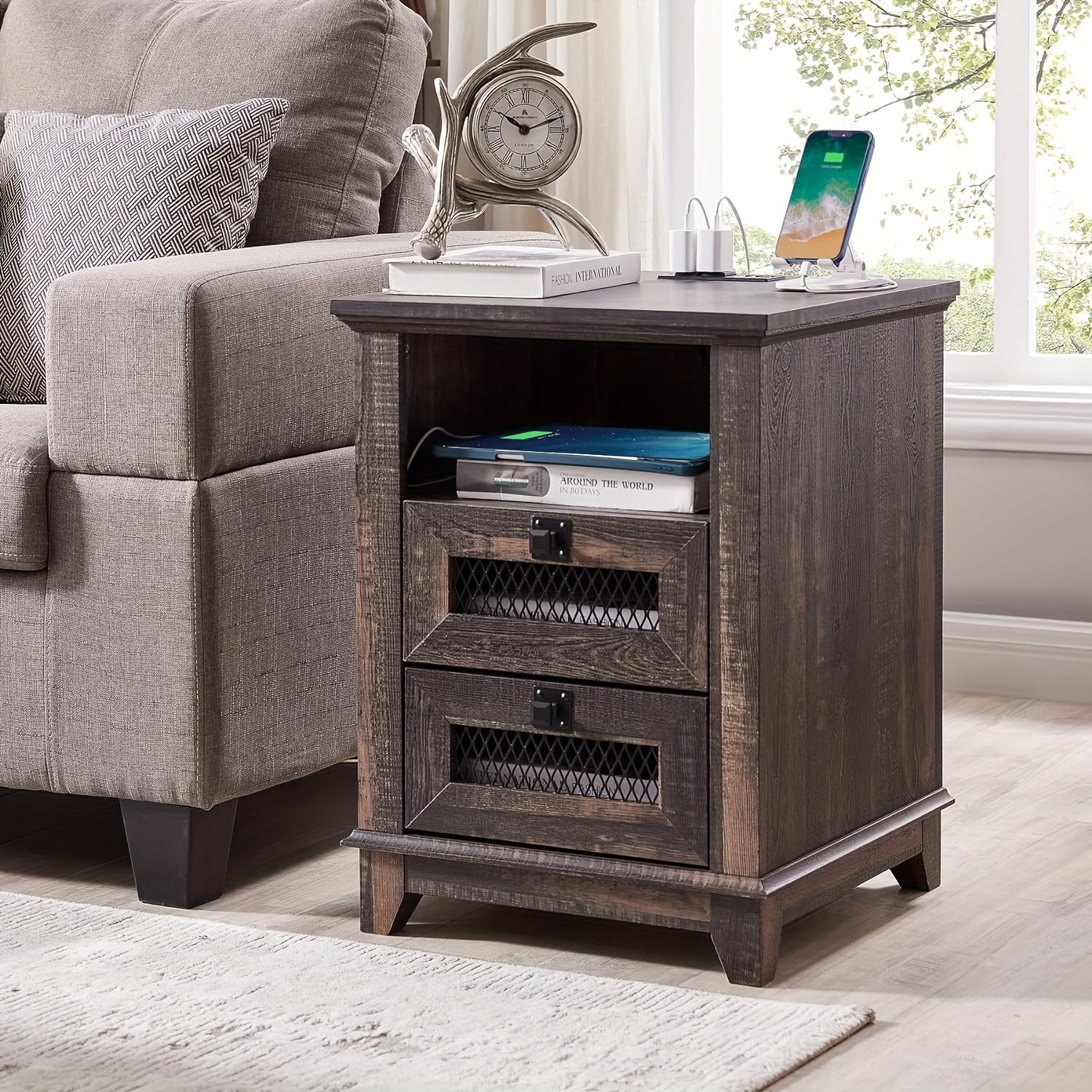 Nightstand With Charging Station, OKD 18'' Industrial & Farmhouse End Table With 2 Drawers & Open Cubby, Rustic Mesh Drawer Sofa Side Table W/Storage For Bedroom, Living Room, Office