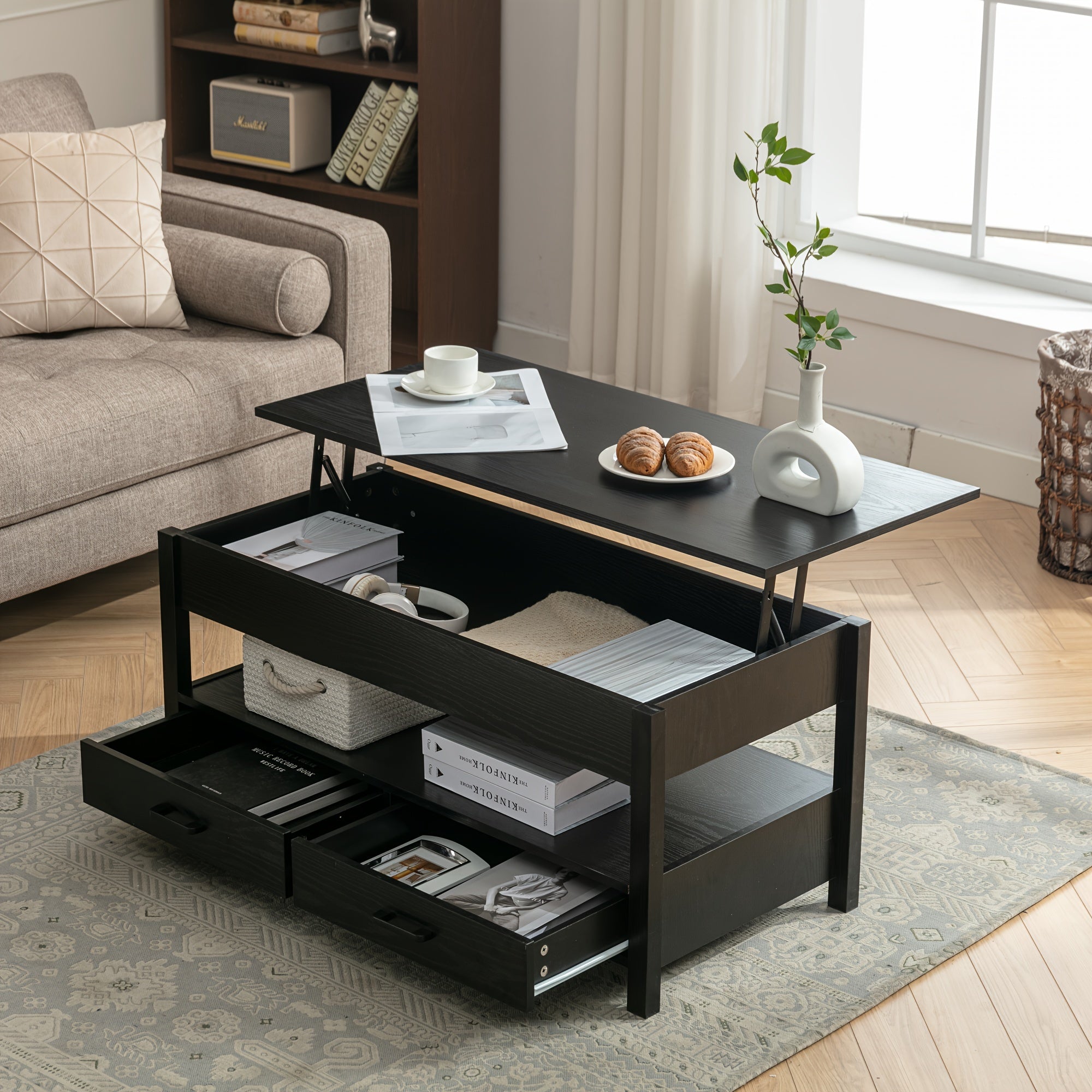 Lift Top Coffee Table Central Table W/Drawers&Hidden Compartment For Living Room - Black - Coffee Tables Westberry