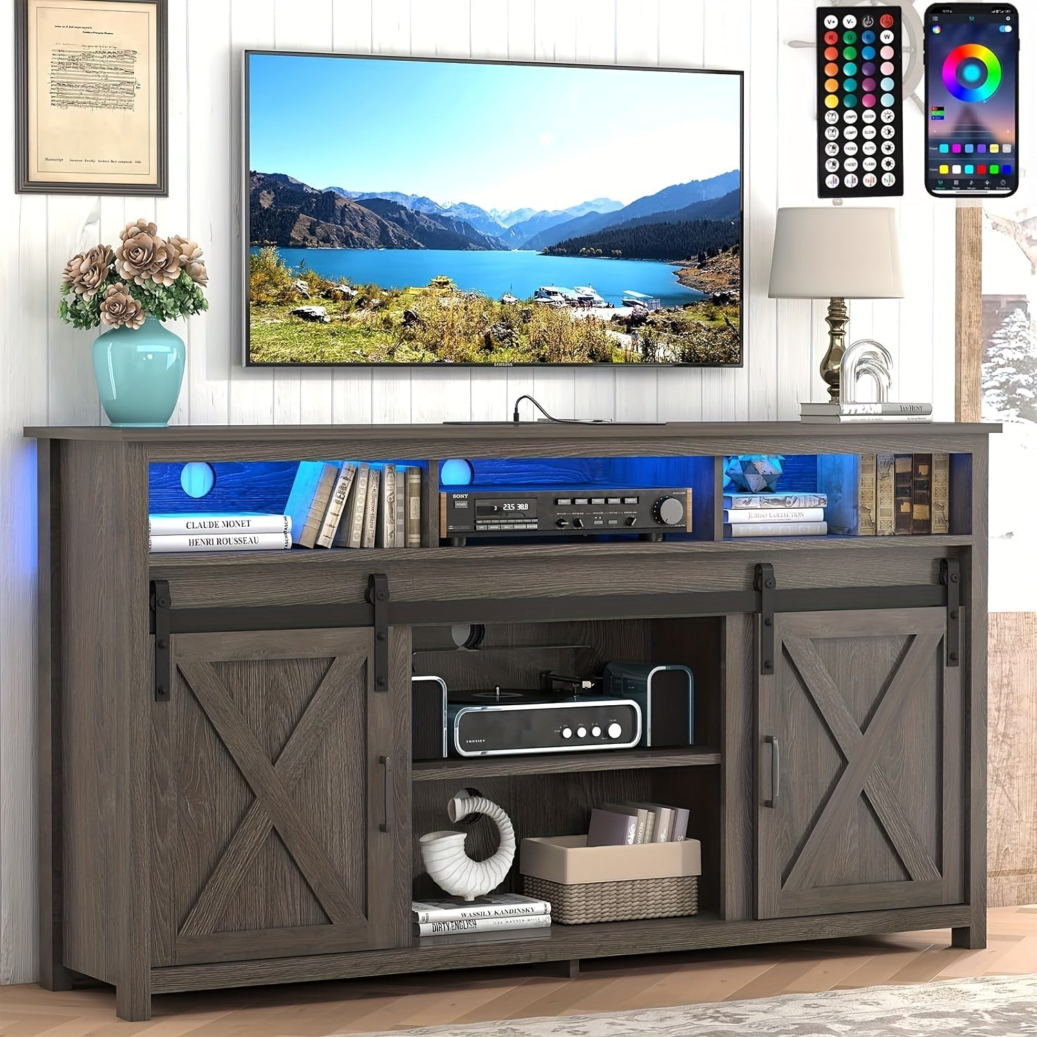 57" Wooden Farmhouse TV Stand For 60 65 Inch TV, Double Layer Storage Entertainment Center TV Console Table With Double-Row Sockets And 2 Sliding Barn Door, Media Cable Box