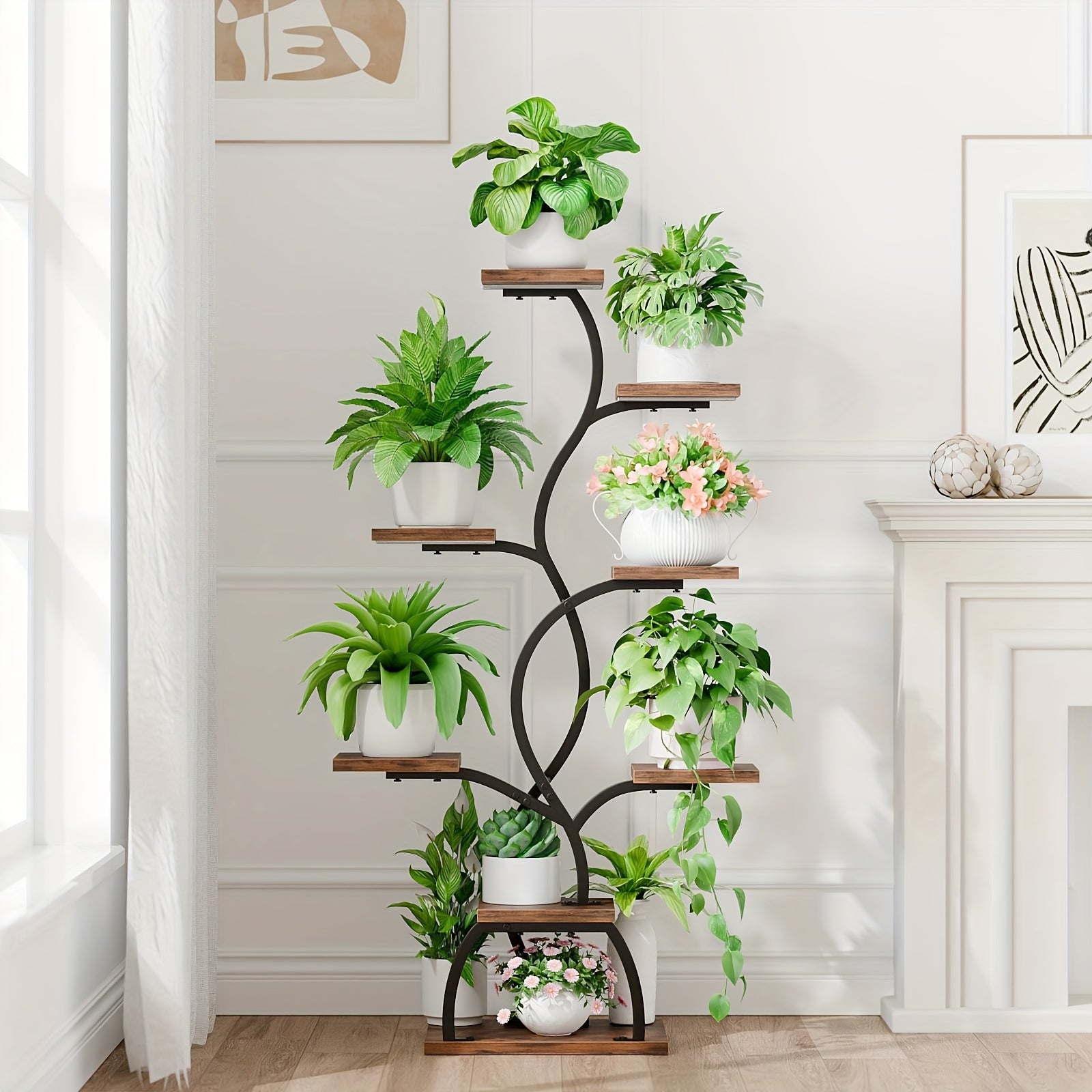 Plant Stand Indoor with Grow Light - 8 Tiered Plant Shelf Indoor, Corner Plant Stand, Metal Corner Shelves, 45" Tall Plant Shelf with Grow Light, Multi Functional Display Stand with Thickened Wooden Boards, Small Plant Stand