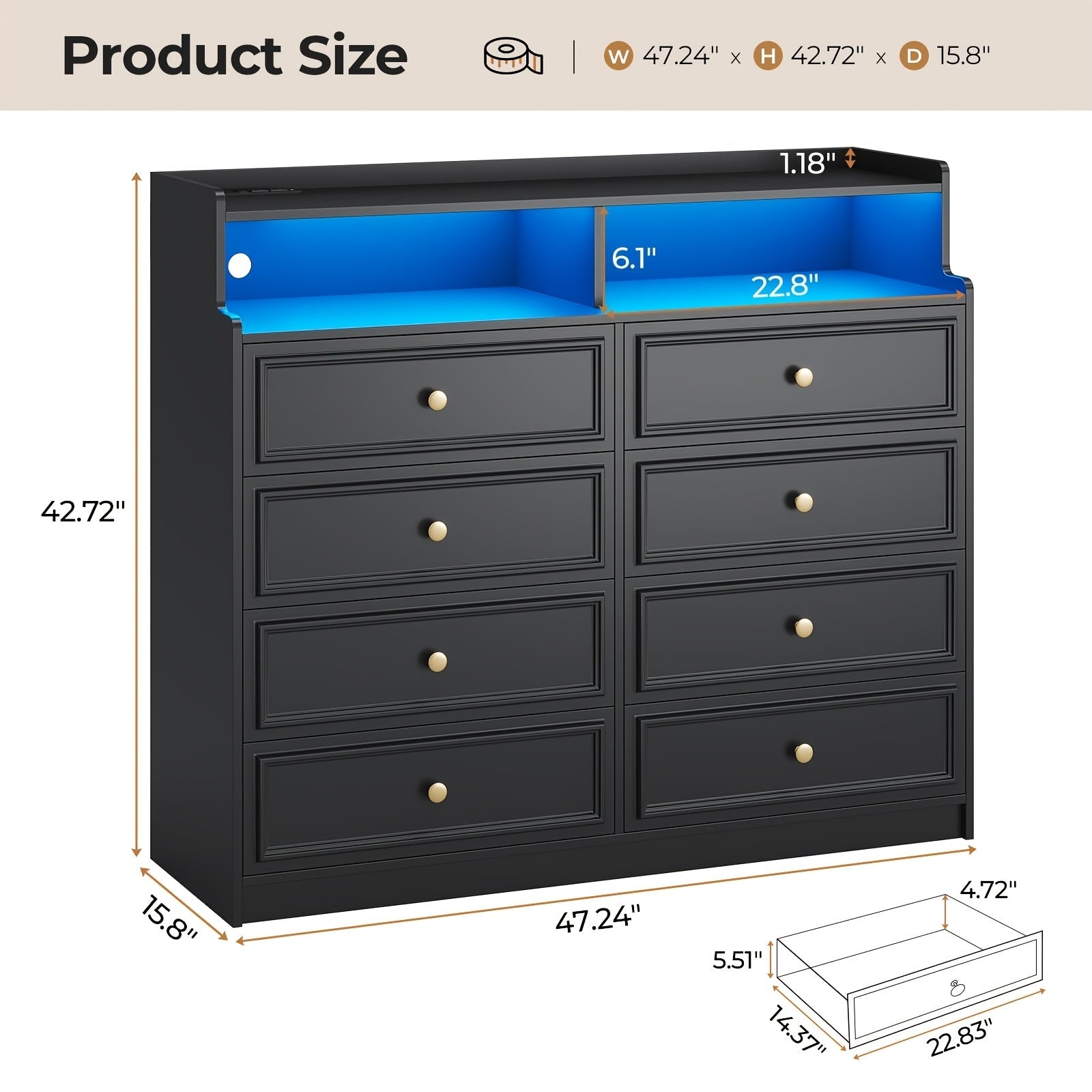 Bedroom Dresser With Charging Station LED Dresser With 8 Large Storage Drawers Chest Of Drawers Storage Organizer Large