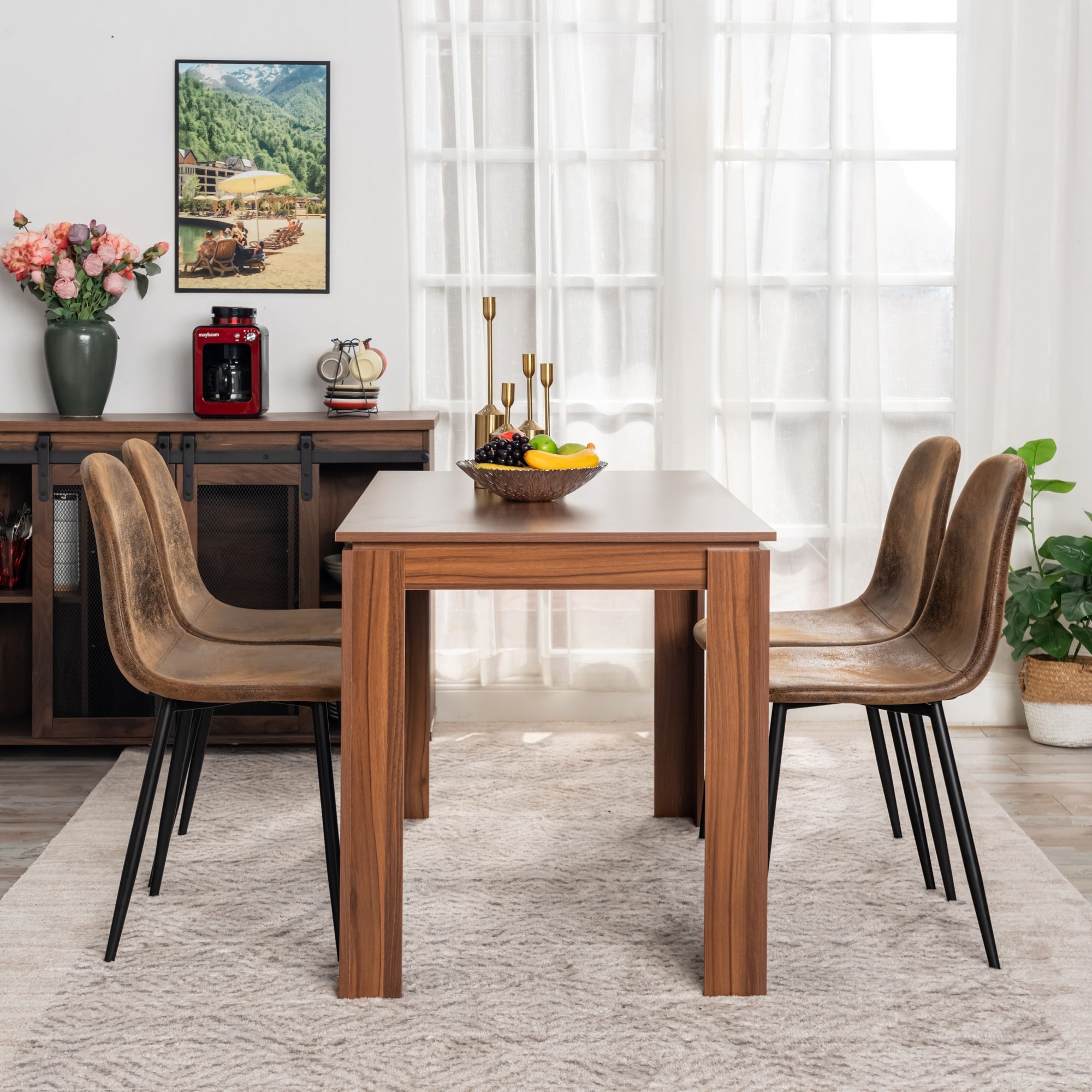 5-Piece Dining Set for 4 – 47.2'' Rectangular Wooden Table & 4 Suede Chairs, Space-Saving Mid-Century Modern Kitchen & Dining Room Furniture