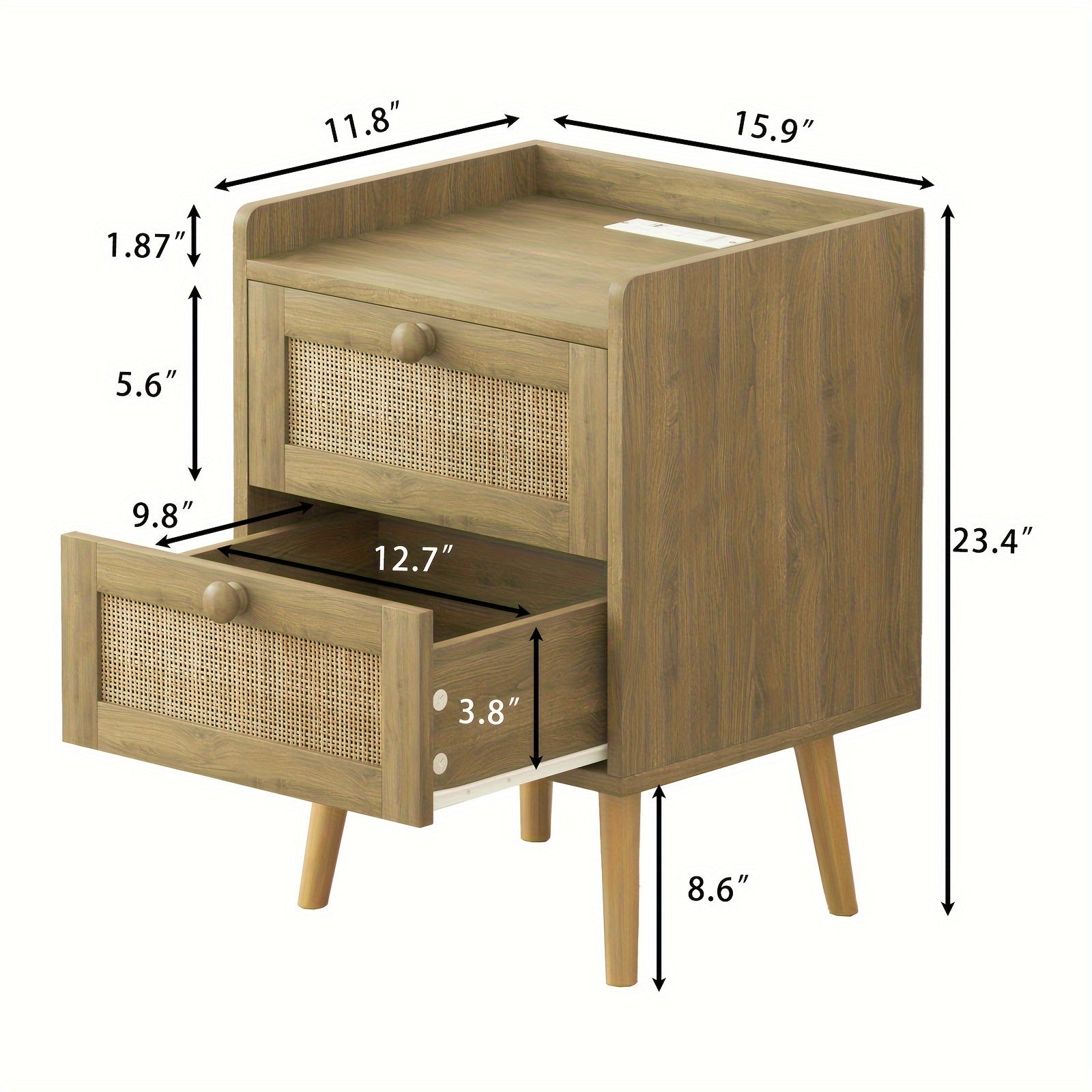 Rattan Nightstand with Charging Station Rattan Boho End Table with 2 Drawers for Bedroom Bedside Tables Natural Night