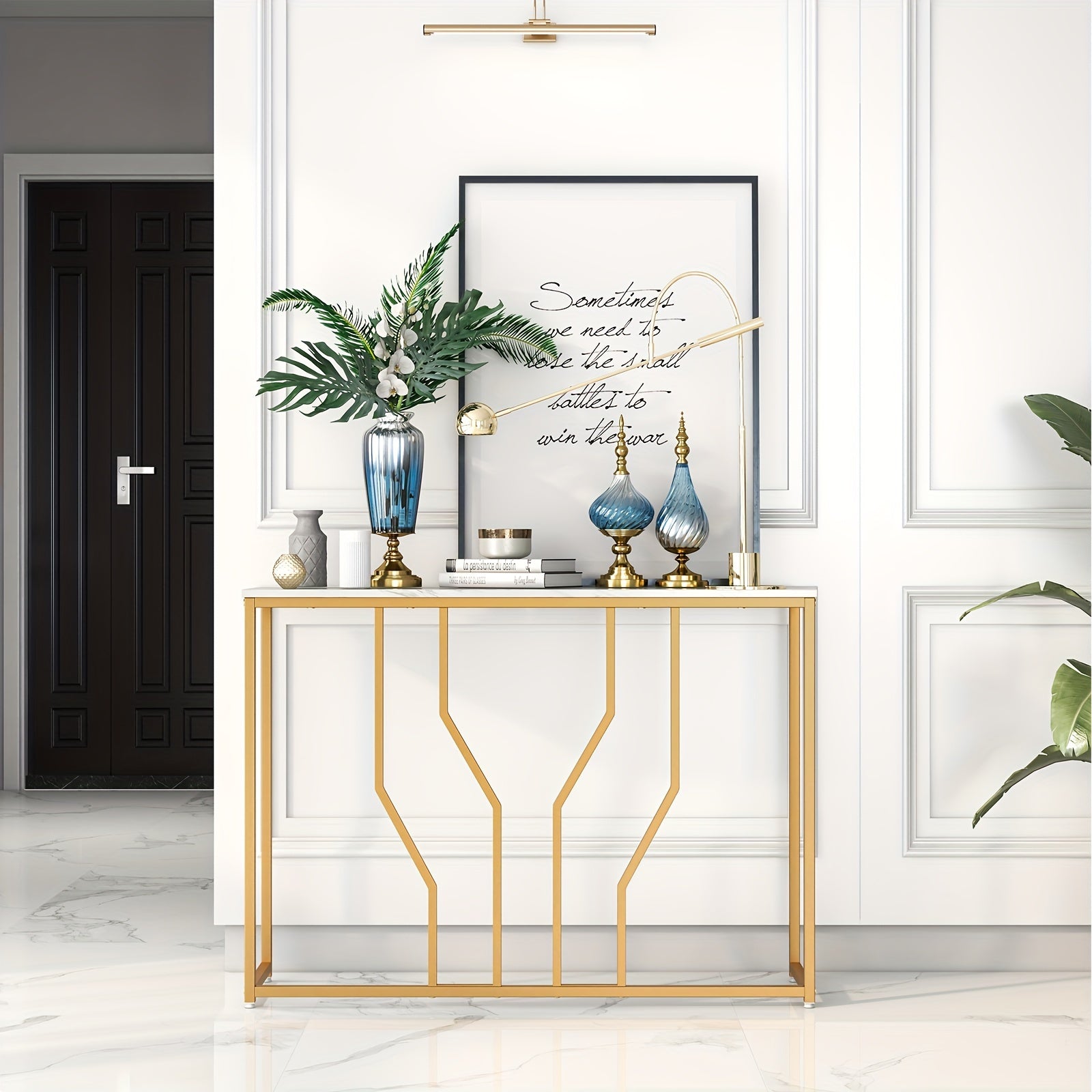 1pc 44" Golden Console Table With Faux Marble Tabletop Golden Metal Frame For Entrance