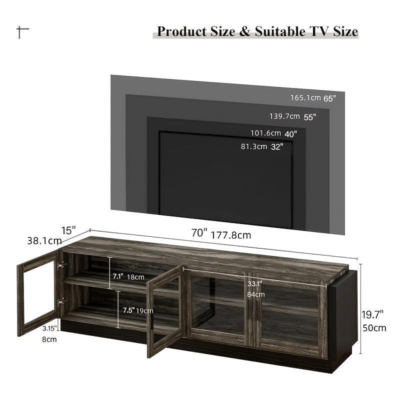 Office LED TV Stand, 70 Inch Large Entertainment Center For TVs Up To 70/75/80 Inch With LED TV Storage Cabinet With 4 Glass Doors, TV Console For Office, Studio, Souvenir Cabinet, Brown