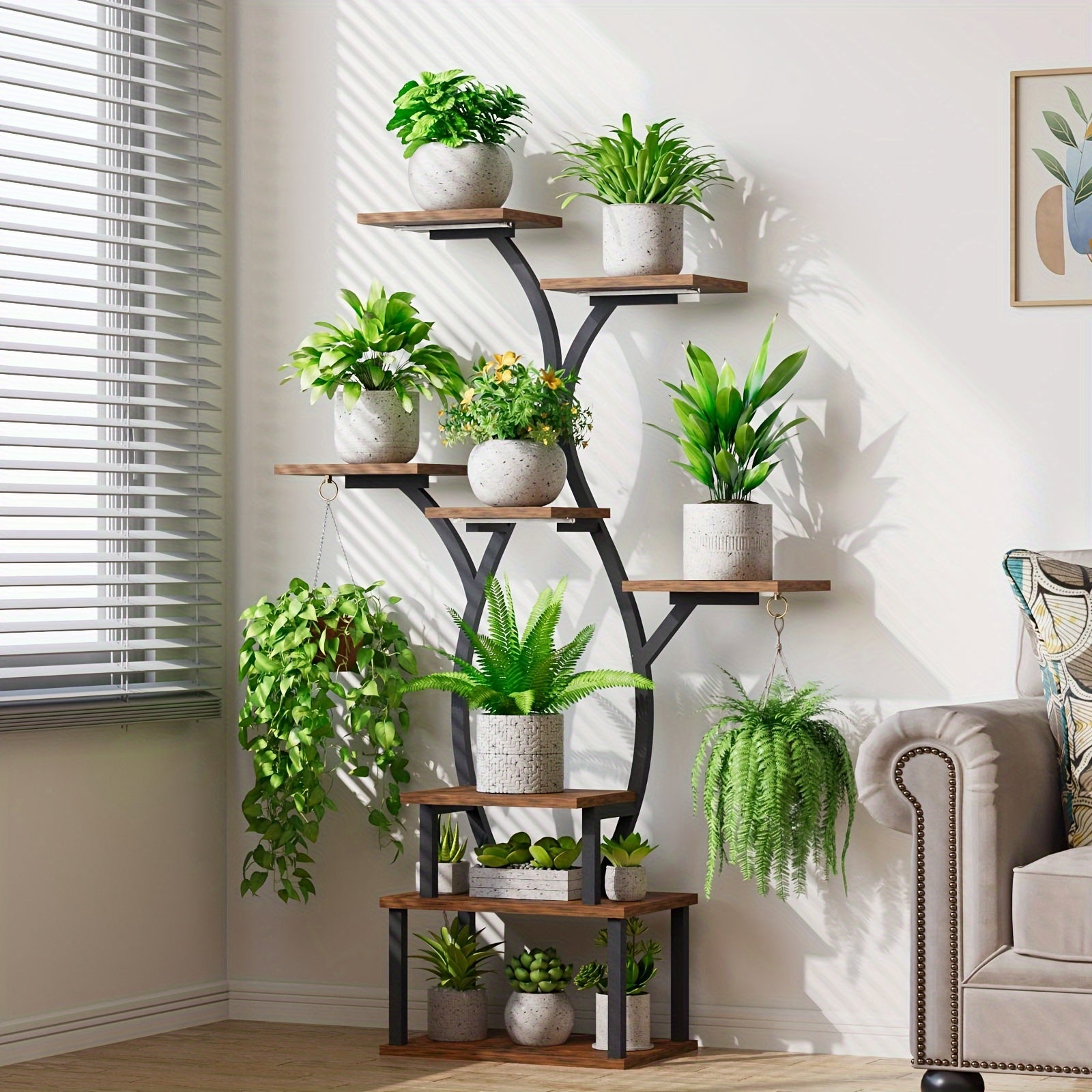 8-Tier Indoor Plant Stand with Grow Light - Curved Metal & Wood Corner Shelf, Multi-Functional Large Display Rack for Various Plants, Ideal for Patio, Garden, Balcony, Living Room Decor, Indoor Plant Display | Modern Plant St