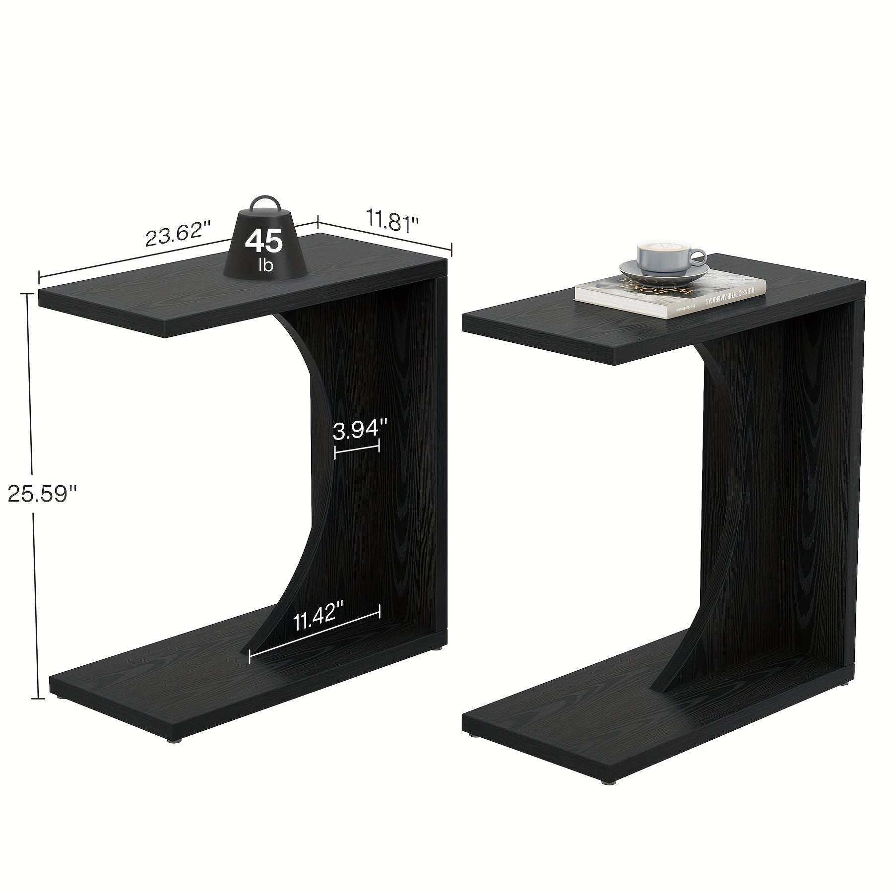 Modern Black C-Shaped End Table - Compact Side Table for Small Spaces, Adjustable Feet, Easy Assembly & Cleaning