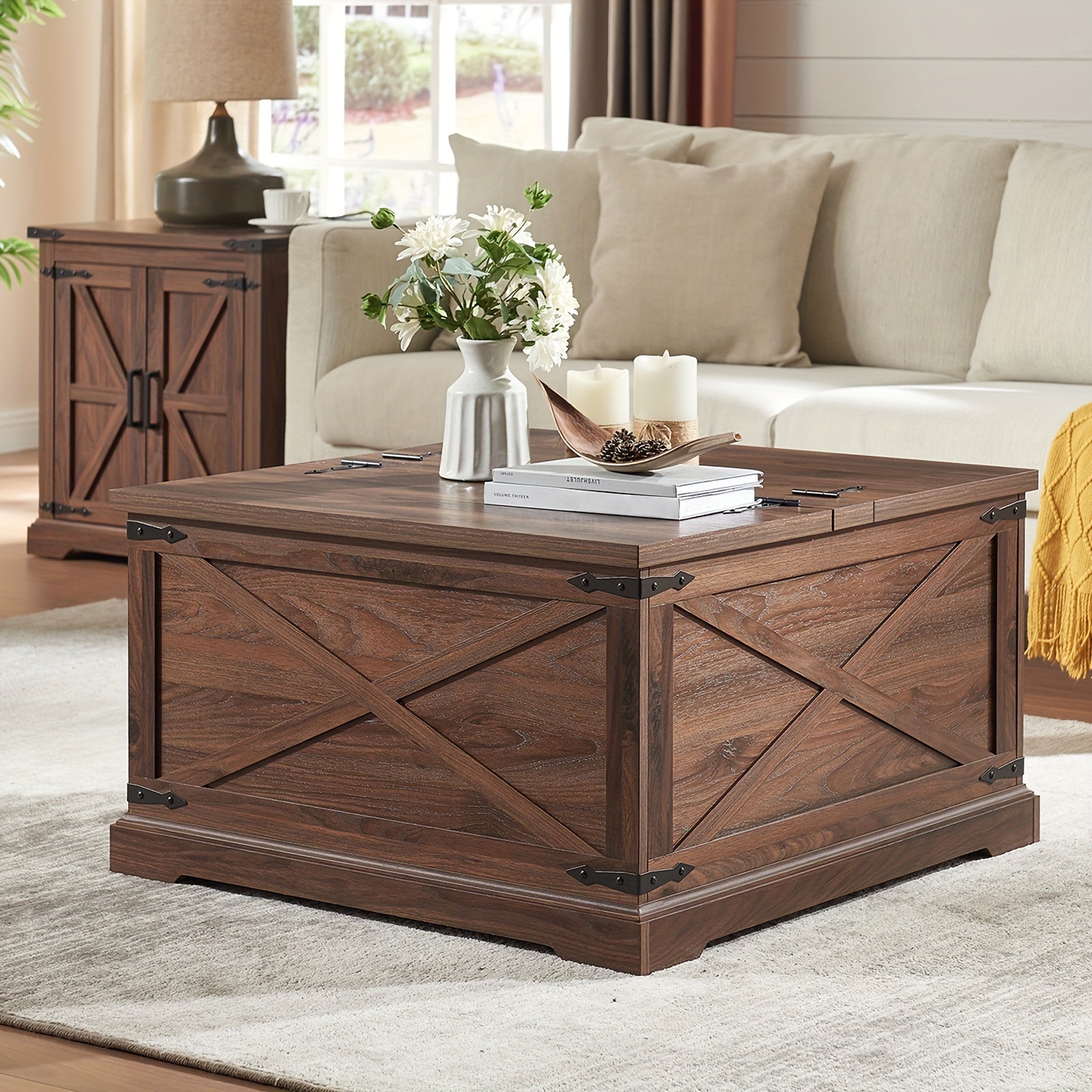 Rustic Farmhouse Square Coffee Table With Lift-Top & Hidden Storage, Wood Center Table With Large Hidden Storage Compartment For Living Room Or Bedroom