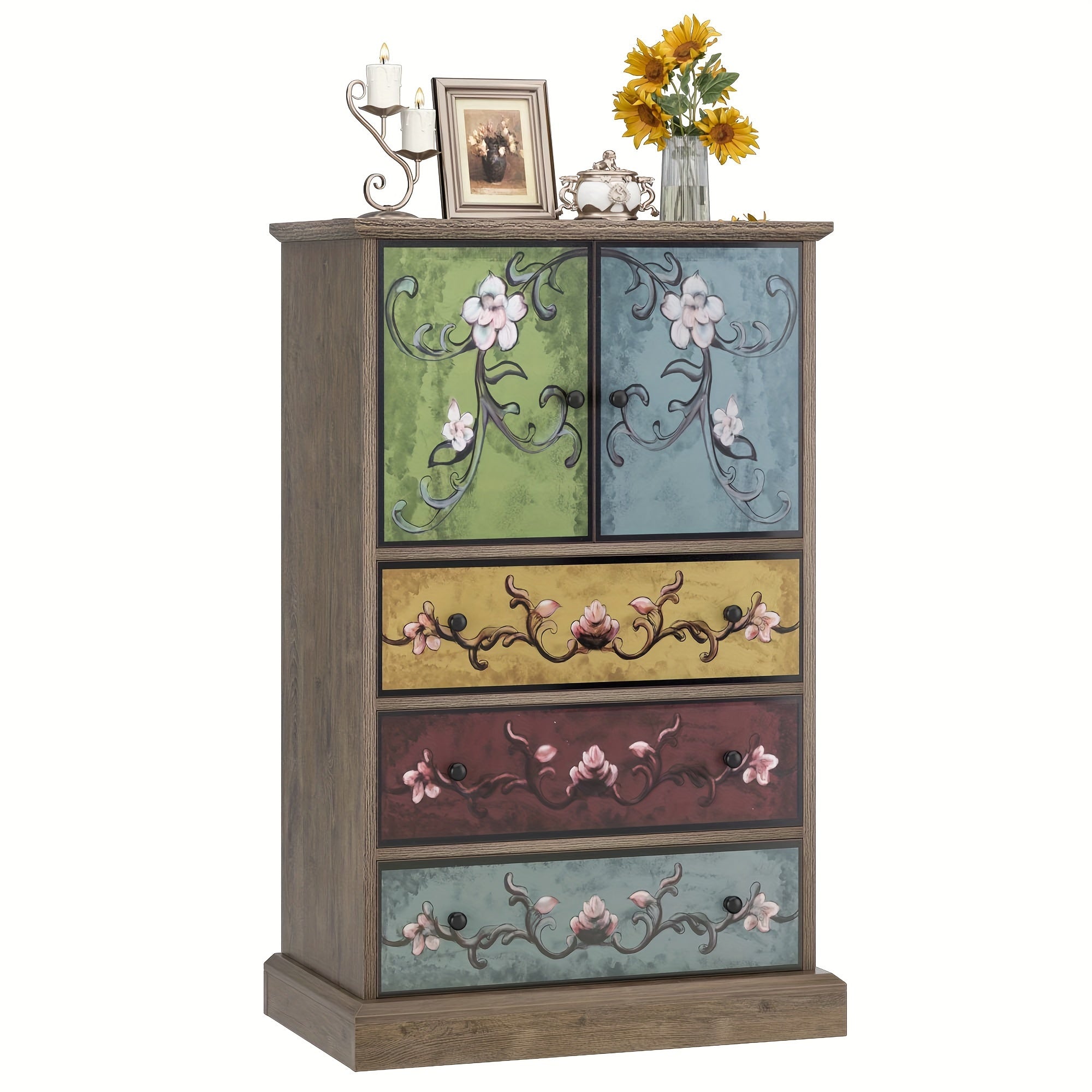 Boho Dresser, Tall Dresser with Drawers and Doors, Wood Dresser Accent Dresser for Living Room Home Office