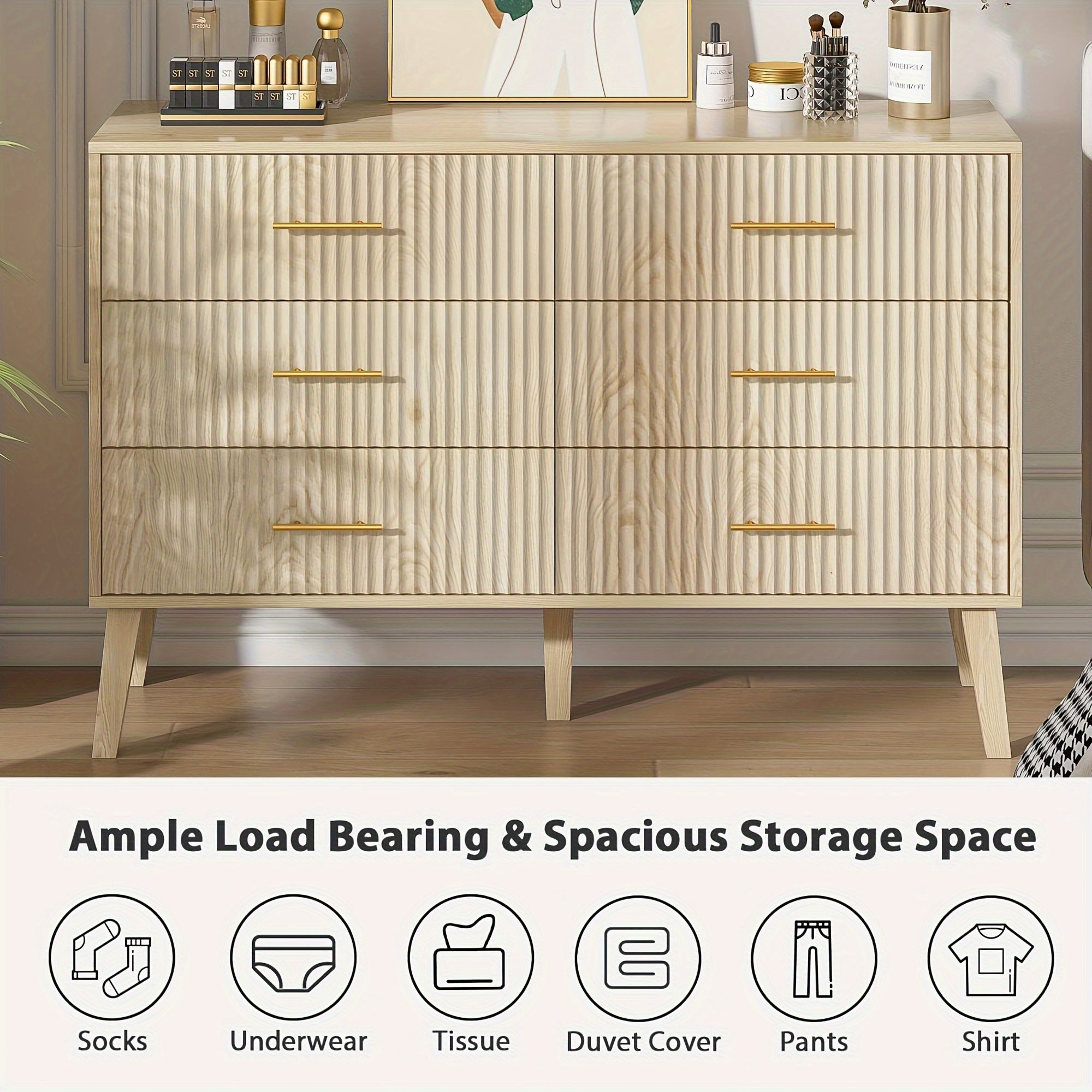 6 Drawer Accent Dresser, Modern Closet Dressers Chest Of Drawers With Fluted Panel, Suitable For Living Room, Bedroom, Nursery, Entryway And Hallway