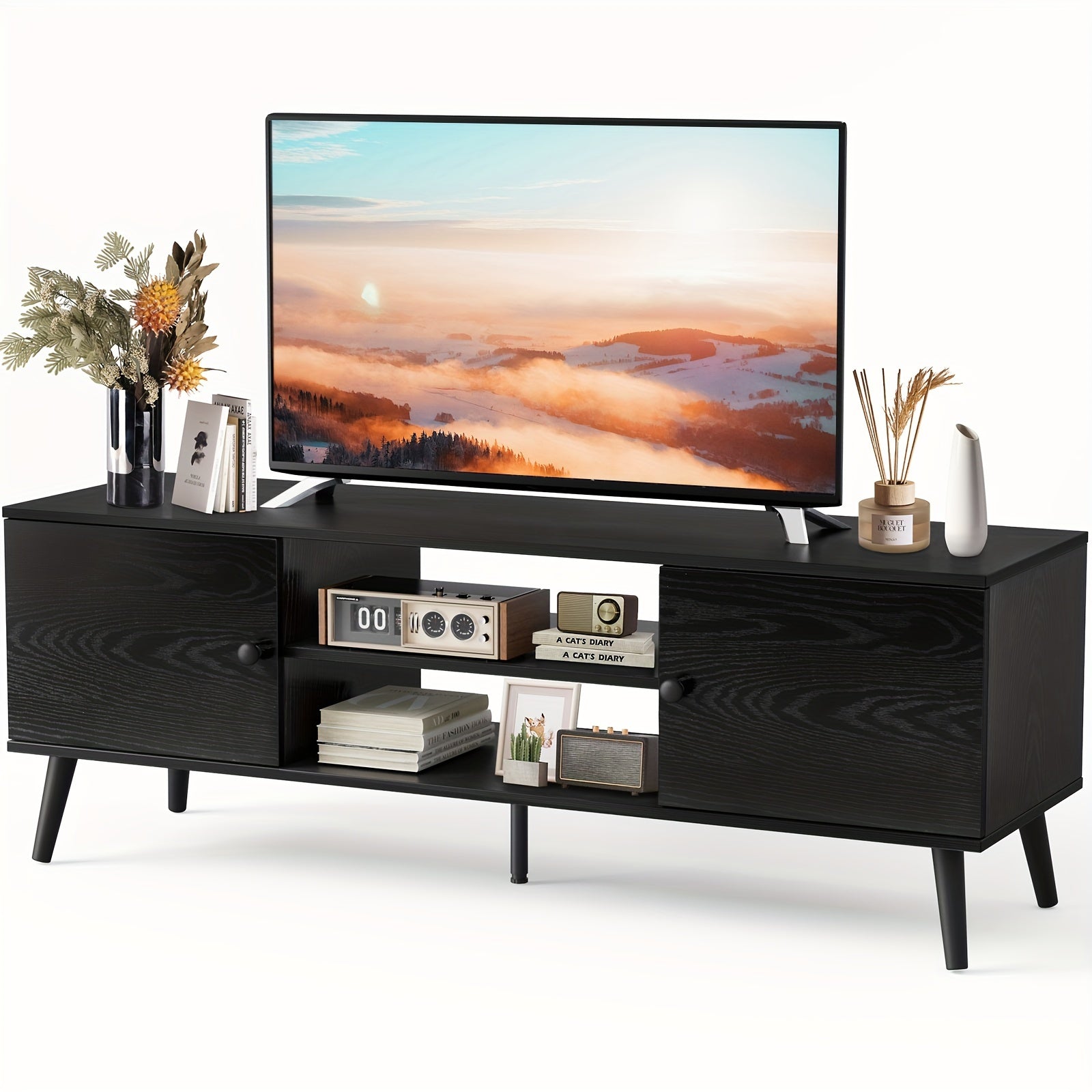 TV Stand for Entertainment Center with Storage Cabinet Mid Century Modern Media Console Table Adjustable Hinge Wooden