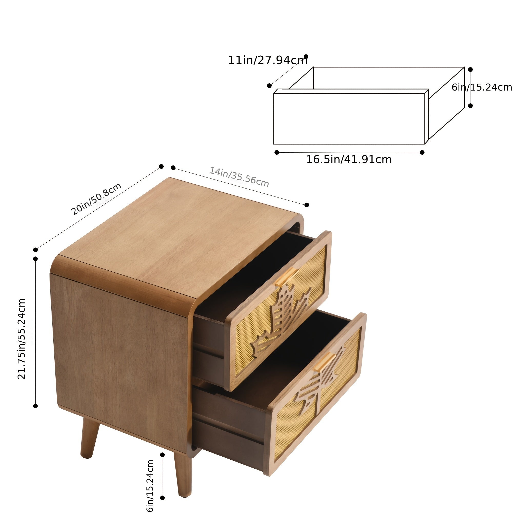 Mid-Century Modern Nightstand] Mid-Century Modern Nightstand with Rattan Accents and Maple Leaf Carving Solid Wood