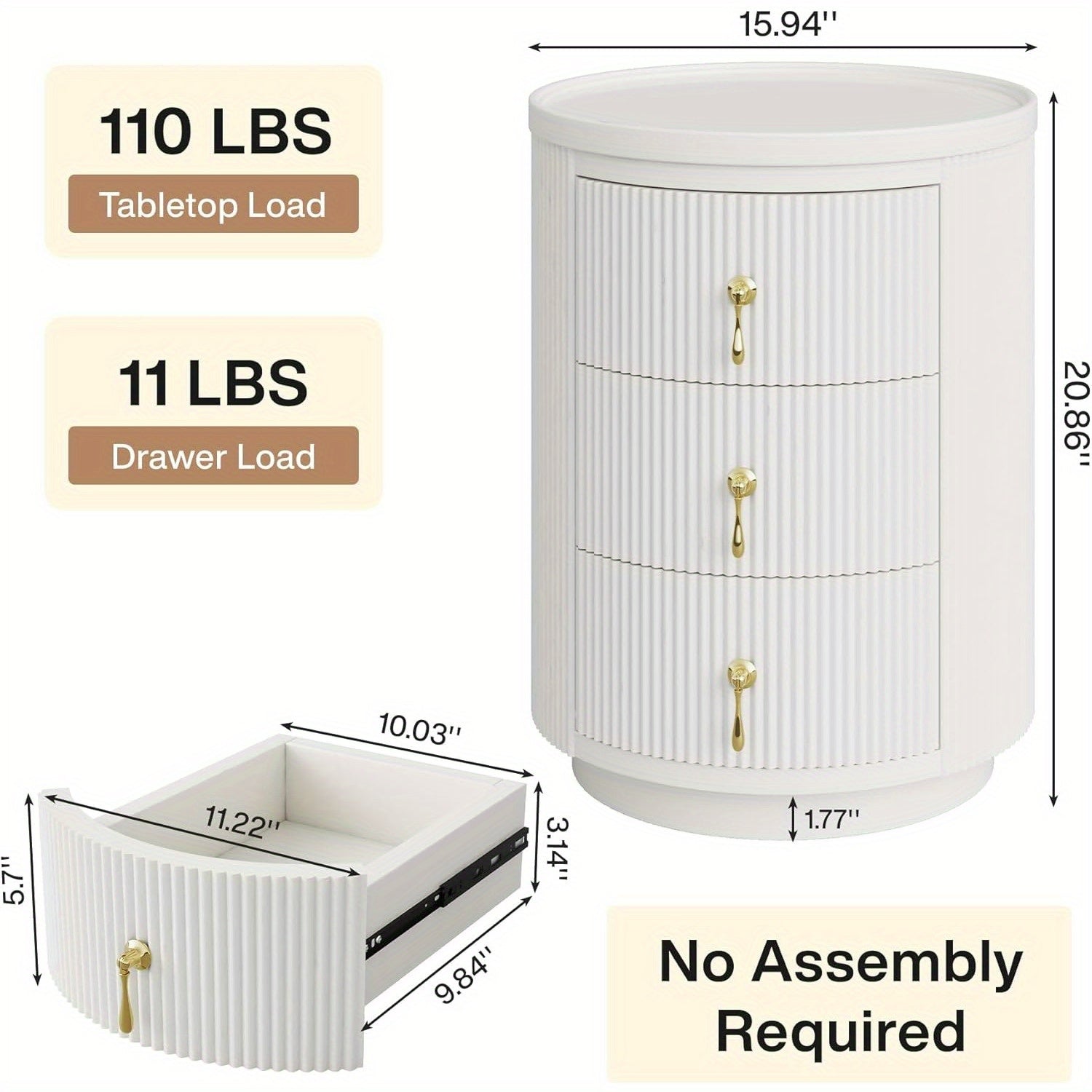 No Assembly Nightstand with 3 Drawers, Modern Round Bedside Table Night Stand for Bedroom, End Table Side Table with Storage and Gold Handles, White