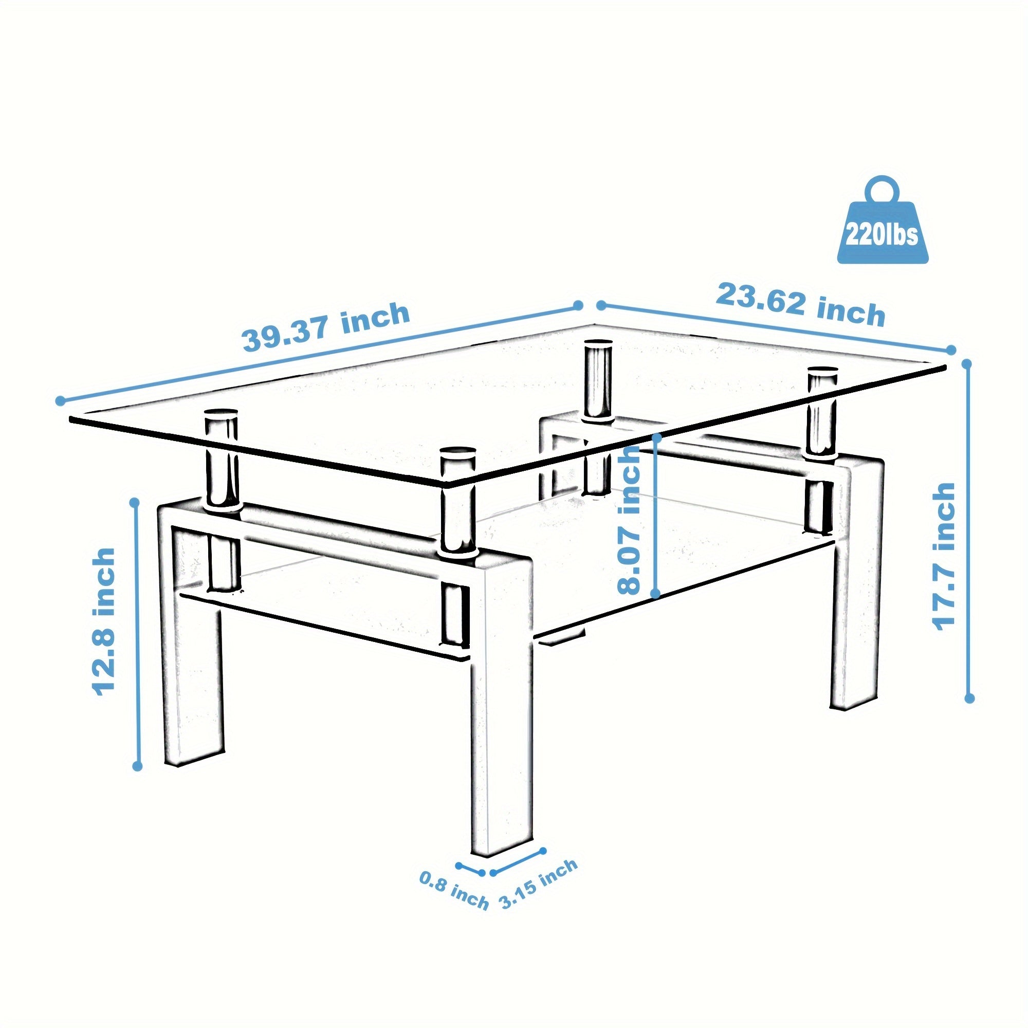 Glass Coffee Table For Living Room, Rectangle Center Table With Metal Legs, End Table For Home, Office