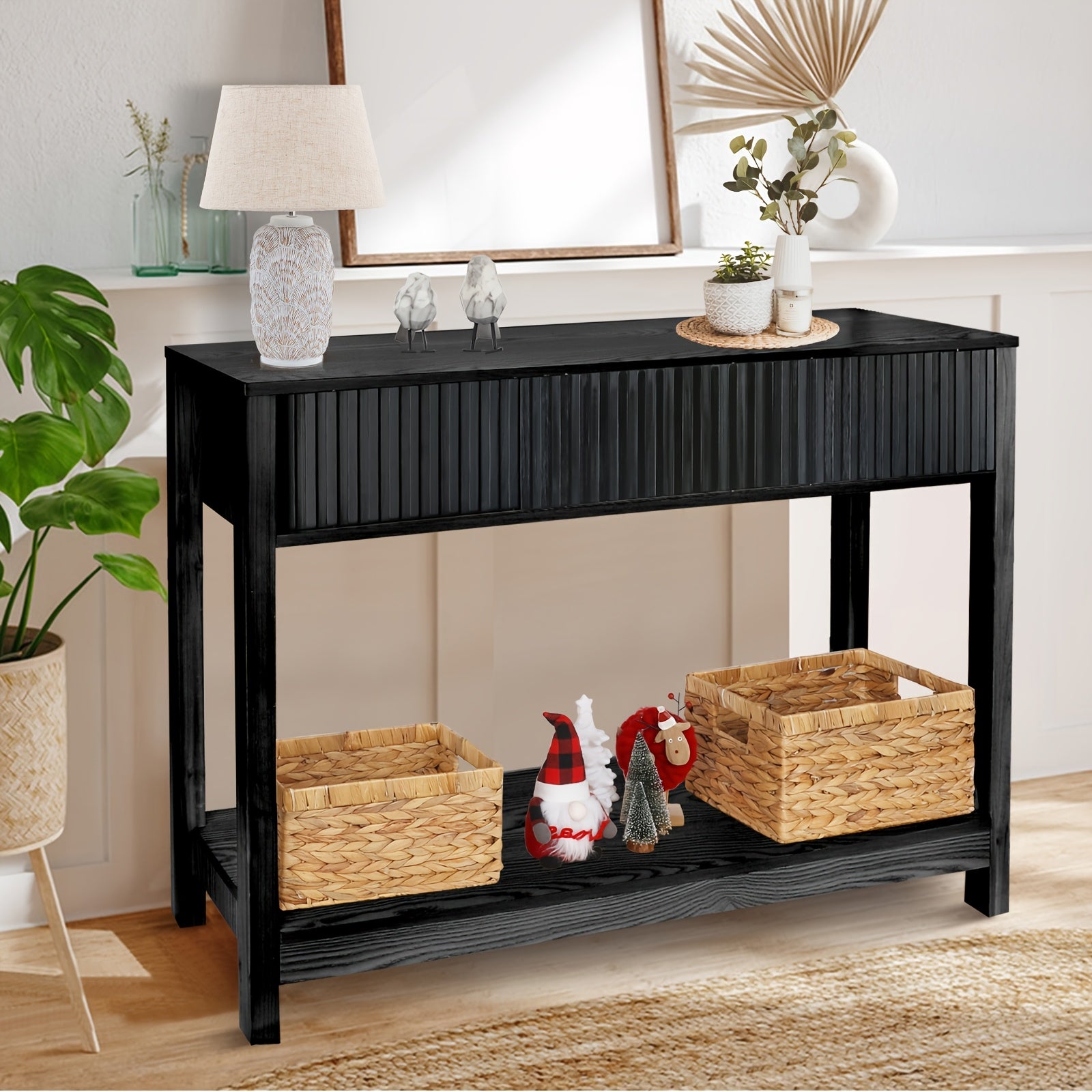 Long Console Table with Storage, Fluted Entryway Table, Slim Sofa Table Behind Couch Entry Table, Narrow Wood Hallway Table, Modern Living Room Couch Table, Black Foyer Entrance Table