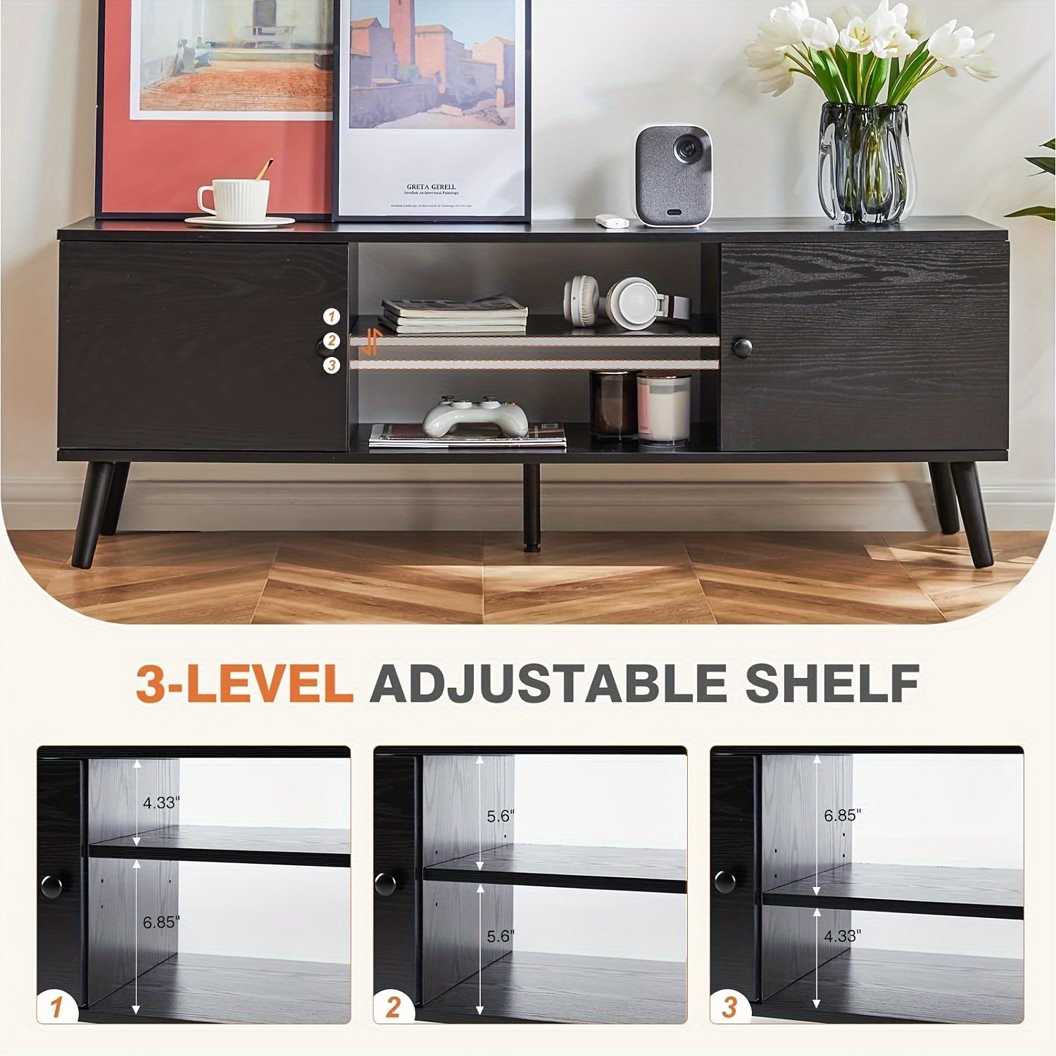 Modern TV Stand for 55 60 inch TV with 2 Storage Cabinet and Open Shelf, TV Cabinet, TV Media Console, Wood TV Table for Living Room, Bedroom, Office