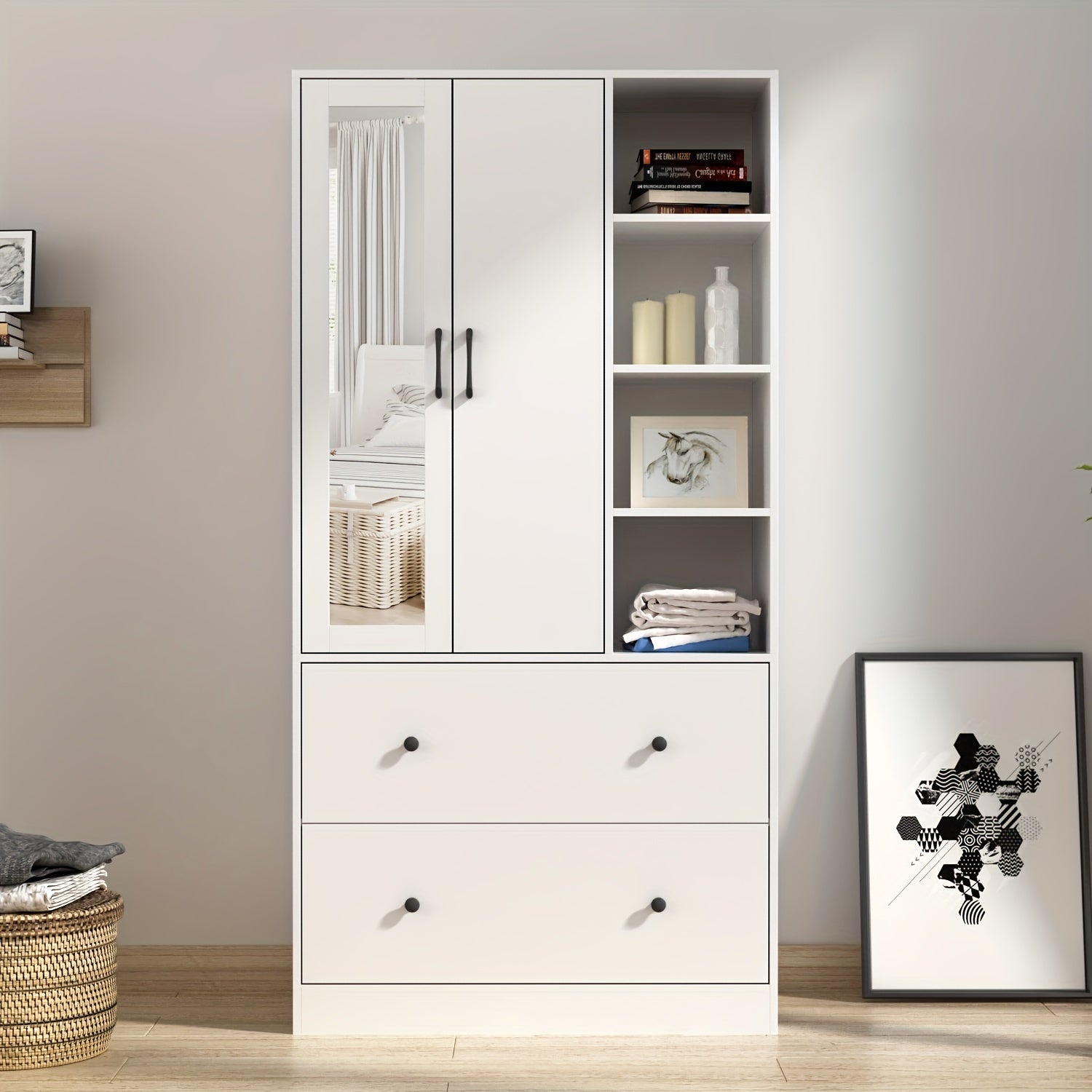 Armoire Wardrobe Closet with Doors and Mirror, Wardrobe with Hanging Rod, Clothes Wardrobe with Drawers and Shelves, Modern Wardrobe Closet