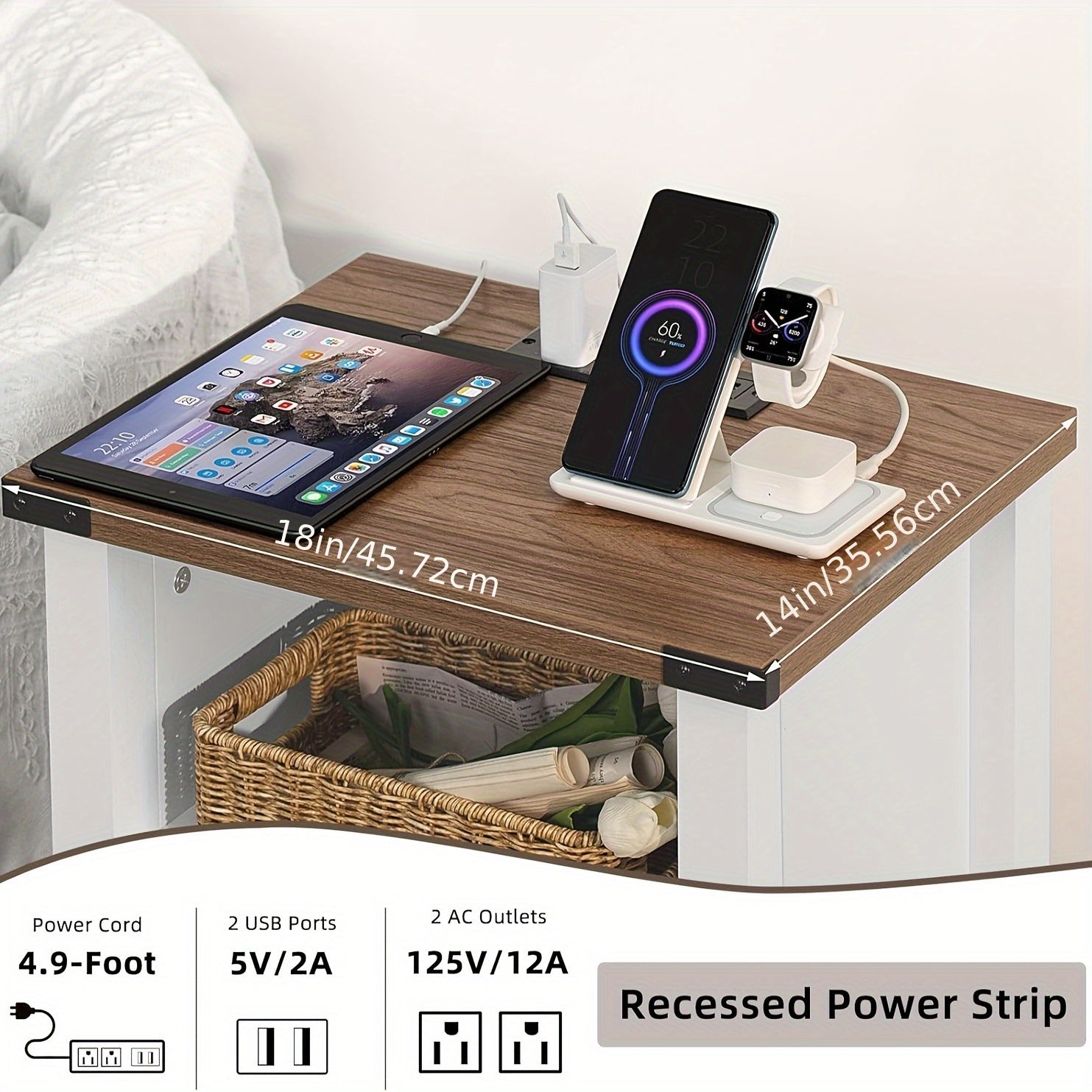 Rustic Farmhouse Nightstand with Charging Station and USB Ports White Wood Bedside Table with Storage Shelf
