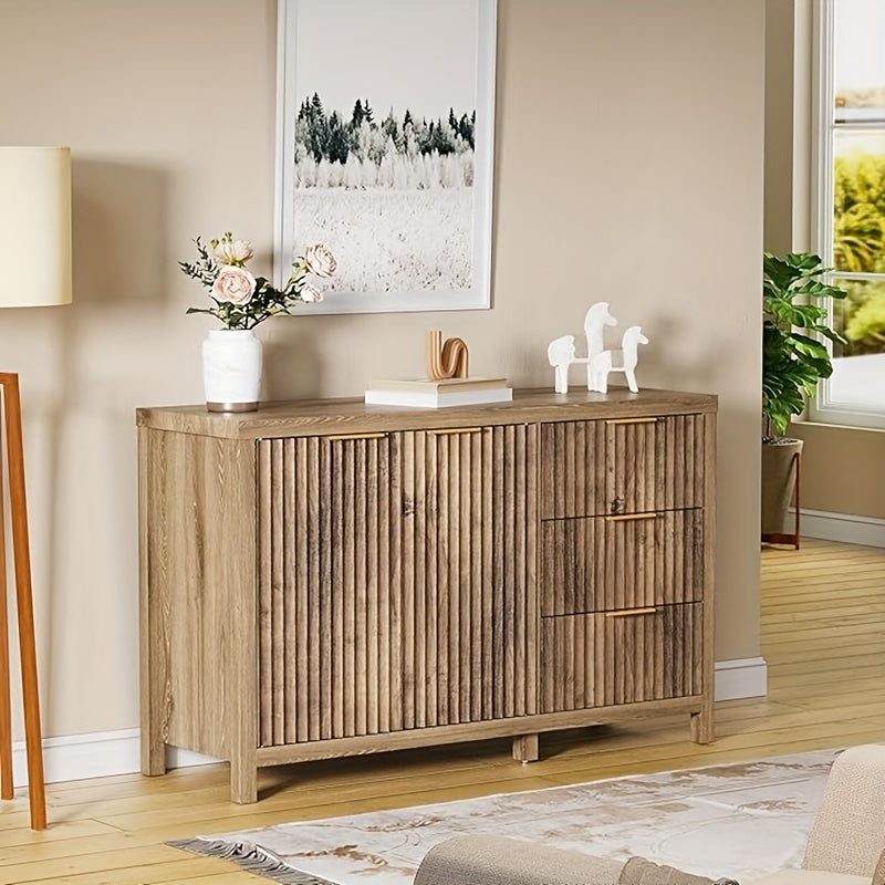 Fluted Drawers CabinetDresser Dresser TV Stand With 3 Drawers And Shelves Rectangular Design For Bedroom Living Room