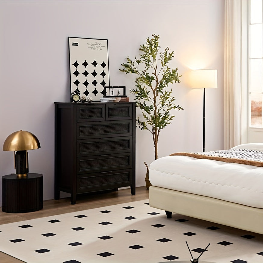 Black Dresser 6 Chests of Drawers for Bedroom Tall Dresser Black Rattan Drawer Dresser Modern 6 Drawer Dresser