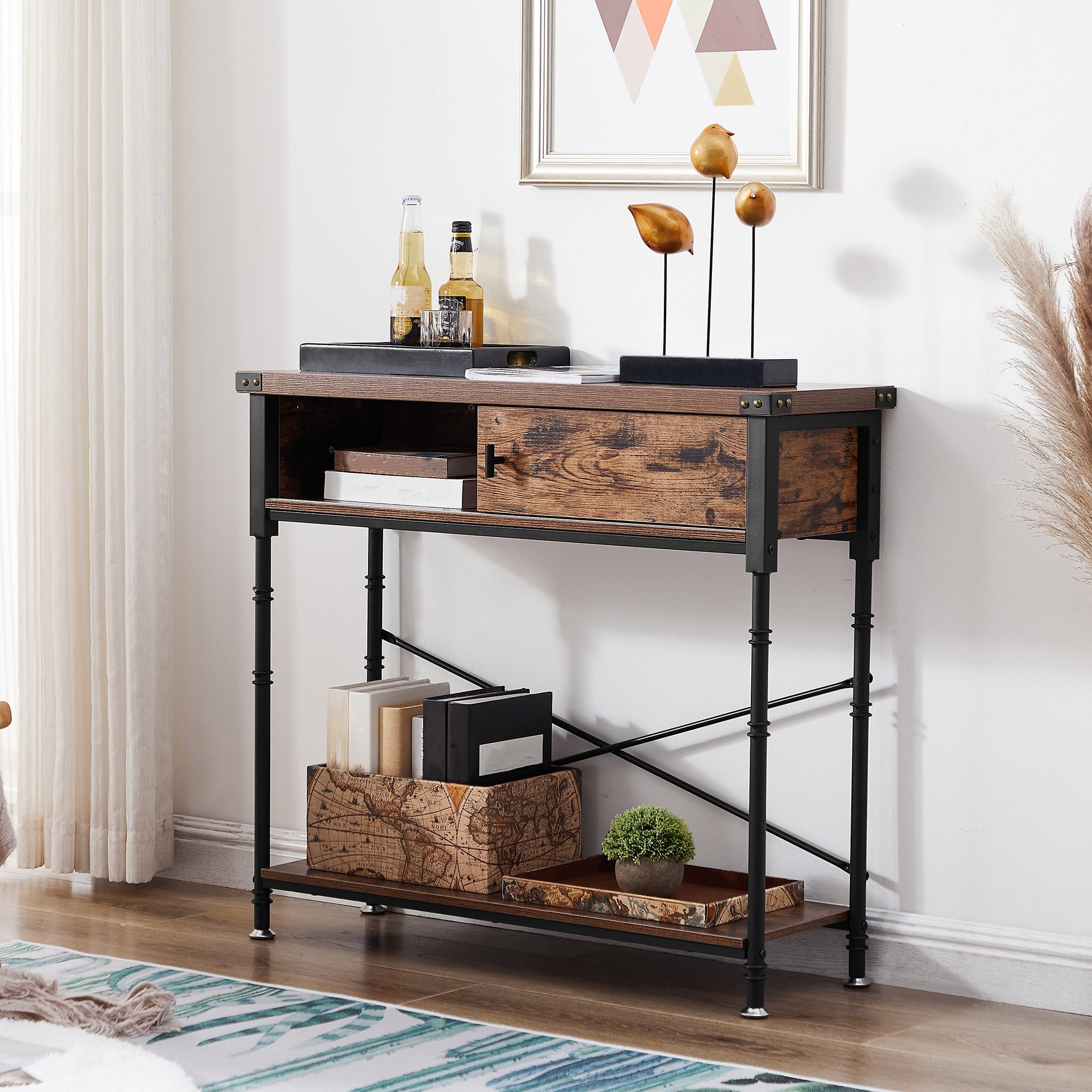 35.4 Inch Console Table with Slide Drawer and Storage Shelf, Stable Metal Frame, Brown