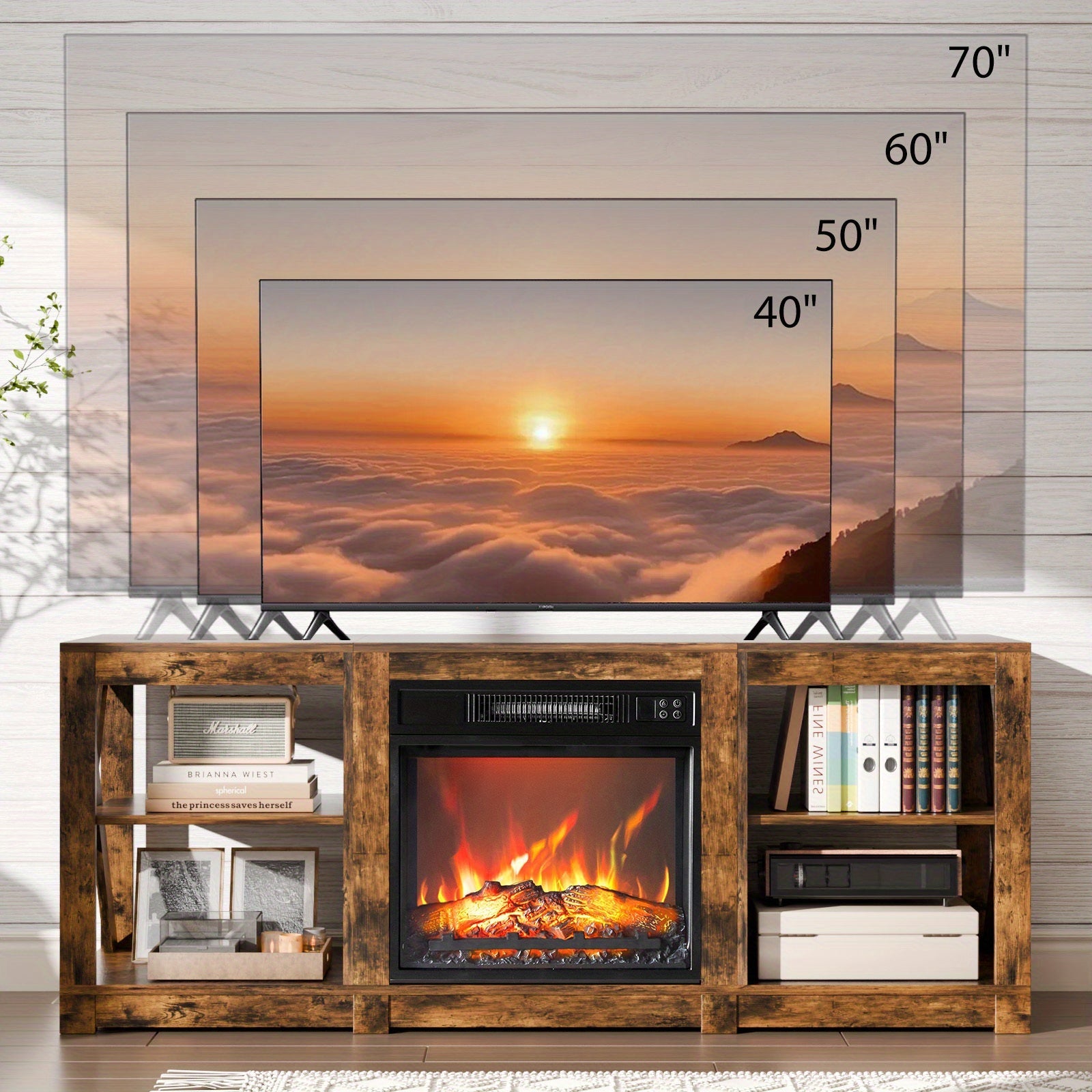 70" LED TV & Fireplace Entertainment Center with Glass Door Storage - Modern Rustic Console Table, Sturdy Construction, Easy Assembly, Perfect for Cozy Living Spaces, Tv Console for Living Room