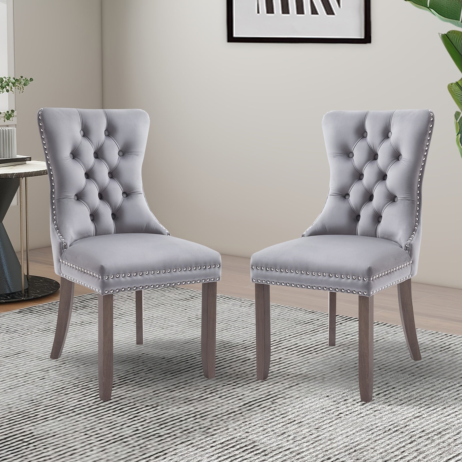 2pcs Dining Chair Set, Upholstered Dining Room Chairs with Nailhead Back Ring Pull Trim and Solid Wood Legs, Luxury Tufted Diner Chairs for Kitchen, Bedroom, Dining Room